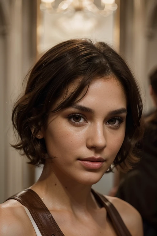 Breathtaking cinematic photo of a 28 year old girl with brown hair and brown eyes, happy, cheerful expression, closed mouth, beautiful lips, intricate details, shallow depth of field, highly detailed, high budget, epic Hollywood film, gorgeous, masterpiece, award-winning, professional, highly detailed, detailed skin texture, (blush: 0.5), (goosebumps: 0.5). (the most beautiful woman in the world) (brown hair) (short curly hair, wild hair, stylish cut) thin face, thin nose, beautiful, very beautiful, perfect face, slender body (slender), (brown hair) (brown eyes ) (white skin) Beautiful body, western face, predatory eyes, pink lips, thick thighs. full body, western beauty, thin nose, beautiful, perfect, ((best quality)), ((ultra resolution)), ((photorealistic: 1.4)), (intricate details), perfect face, makeup: 1.5 , clear face, facial details. front view ((uniform, tactical costume, agent costume, spy))