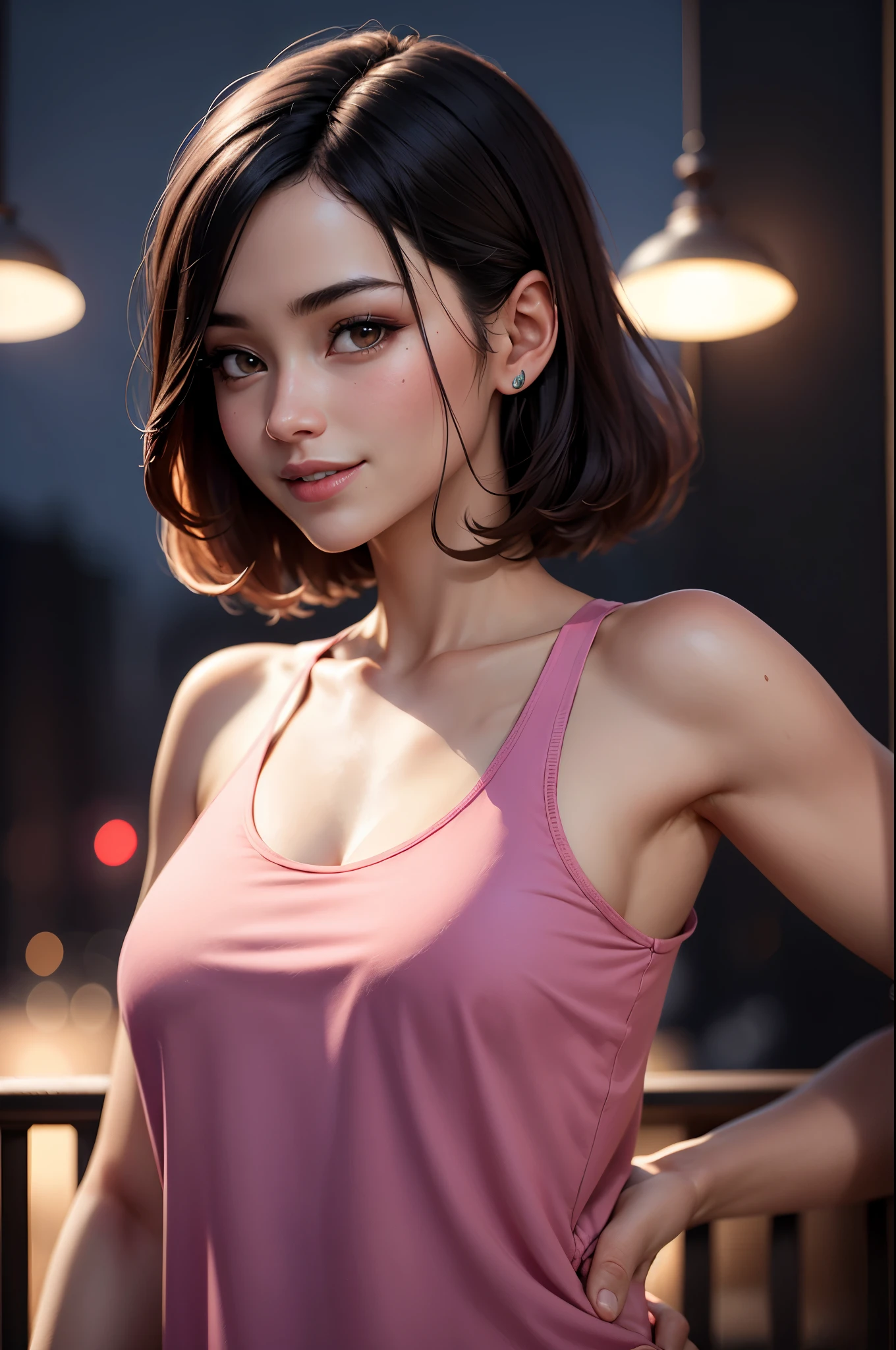 (Ultra Real), (High resolution), (8K), (Very detailed), (Beautiful quality with attention to detail), (ultra-detailliert), (masutepiece), (Wallpaper), (Detailed face), Night, Upper Body Up, Smile, girl wearing a pink tank top, k pop, 1girl in, In the Dark, deepshadow, lowkey, Cowboy Shot, Black hair, Bob Hair