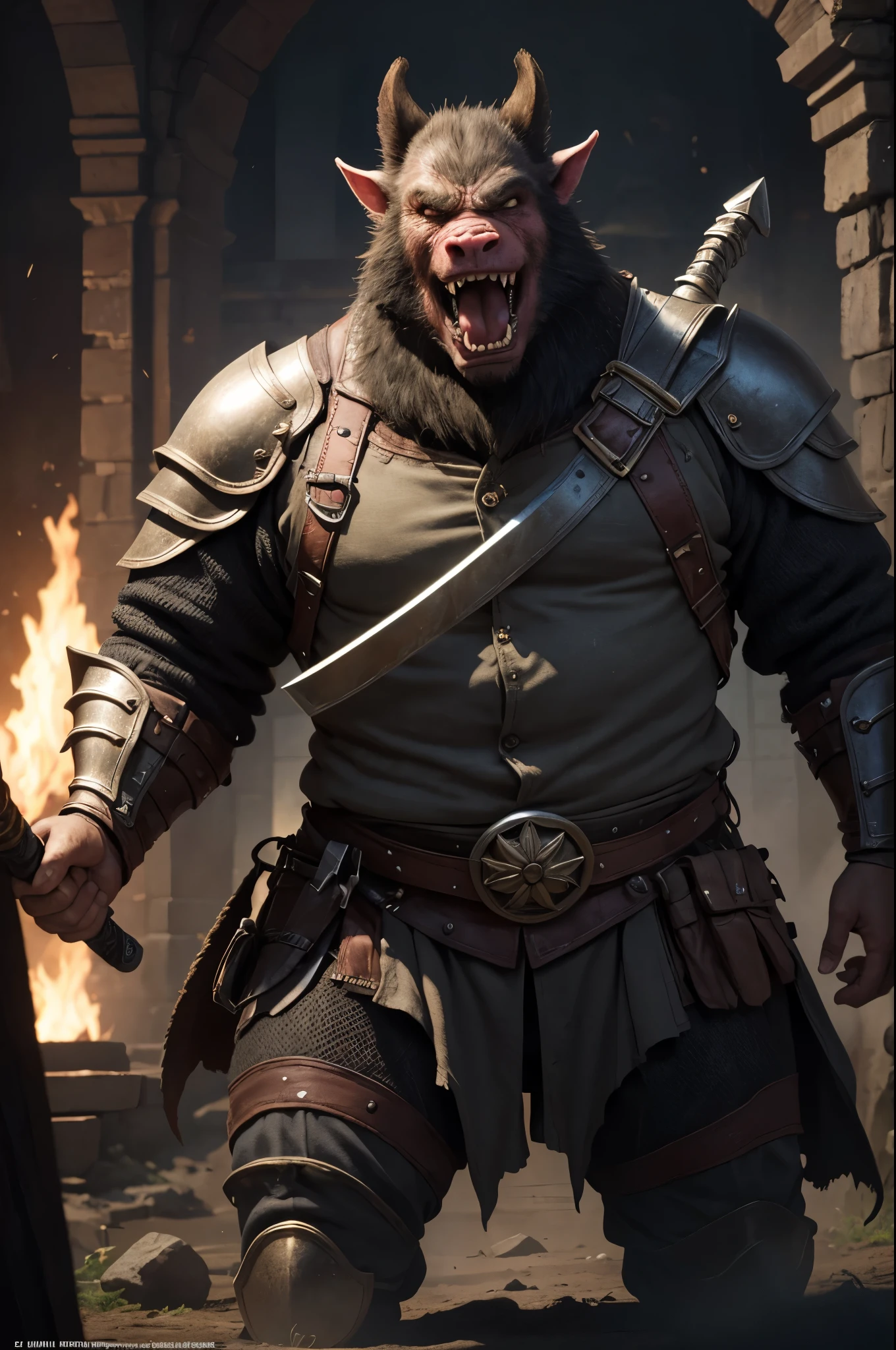 8K,orc in brown armor(Like the real thing)Holding a big sword,pig knight,Lumps of fat,thick and big body,Rugged look,sharp eye,Open your mouth wide to the maximum,I see big fangs,超A high resolution,A hyper-realistic,Fantasyart,character art,In a dark dungeon,