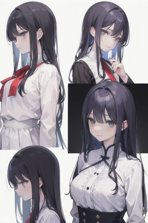 tmasterpiece, Best quality at best)), 详细的脸, character sheetss, full bodyesbian, be full of details, multiple postures and expressions, Front view,Side view,posterior view, character sheets,The is very detailed, Depth-of-fie, many parts,girl with black hair,身材emaciated,hair messy,long whitr hair,petty face,emaciated,Long sleeved shirt with large white silhouette,Sloppy,自由落体的long whitr hair,had a gloomy face,emaciated,The chest is particularly small