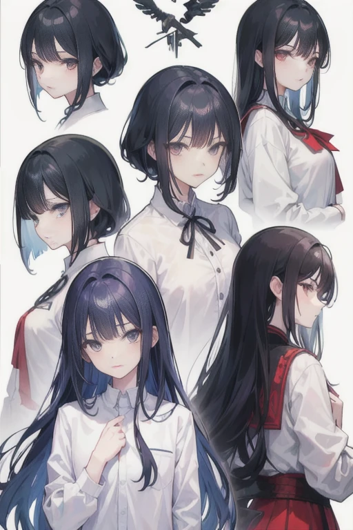 tmasterpiece, Best quality at best)), 详细的脸, character sheetss, full bodyesbian, be full of details, multiple postures and expressions, Front view,Side view,posterior view, character sheets,The is very detailed, Depth-of-fie, many parts,girl with black hair,身材emaciated,hair messy,long whitr hair,petty face,emaciated,Long sleeved shirt with large white silhouette,Sloppy,自由落体的long whitr hair,had a gloomy face,emaciated,The chest is particularly small
