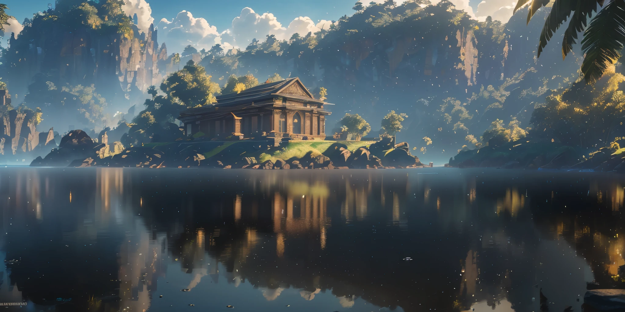 (8k, RAW photo, best quality, masterpiece:1.2), (realistic, photo-realistic:1.37), octane render, ultra high res, ultra-detailed , professional lighting, photon mapping, radiosity, physically-based rendering, ue5, ((island sanctuary)), ((ancient fallen kingdom)), ((reflections in water)), ((raytracing)), ((crystal structure))