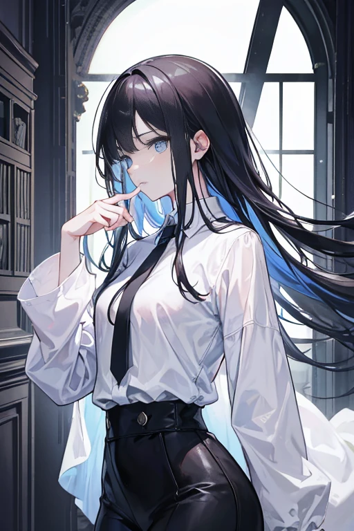 (best quality,4k,8k,highres,masterpiece:1.2),ultra-detailed,(realistic,photorealistic,photo-realistic:1.37),character sheet,full-body,detailed face and expression,front view,side view,back view,character sheet,extremely detailed,depth,many parts,black-haired girl,slim figure,messy hair,long hair,small face,slim figure,loose-fitting white long-sleeved shirt,disheveled,free-flowing long hair,pale complexion,slim figure,especially small chest)