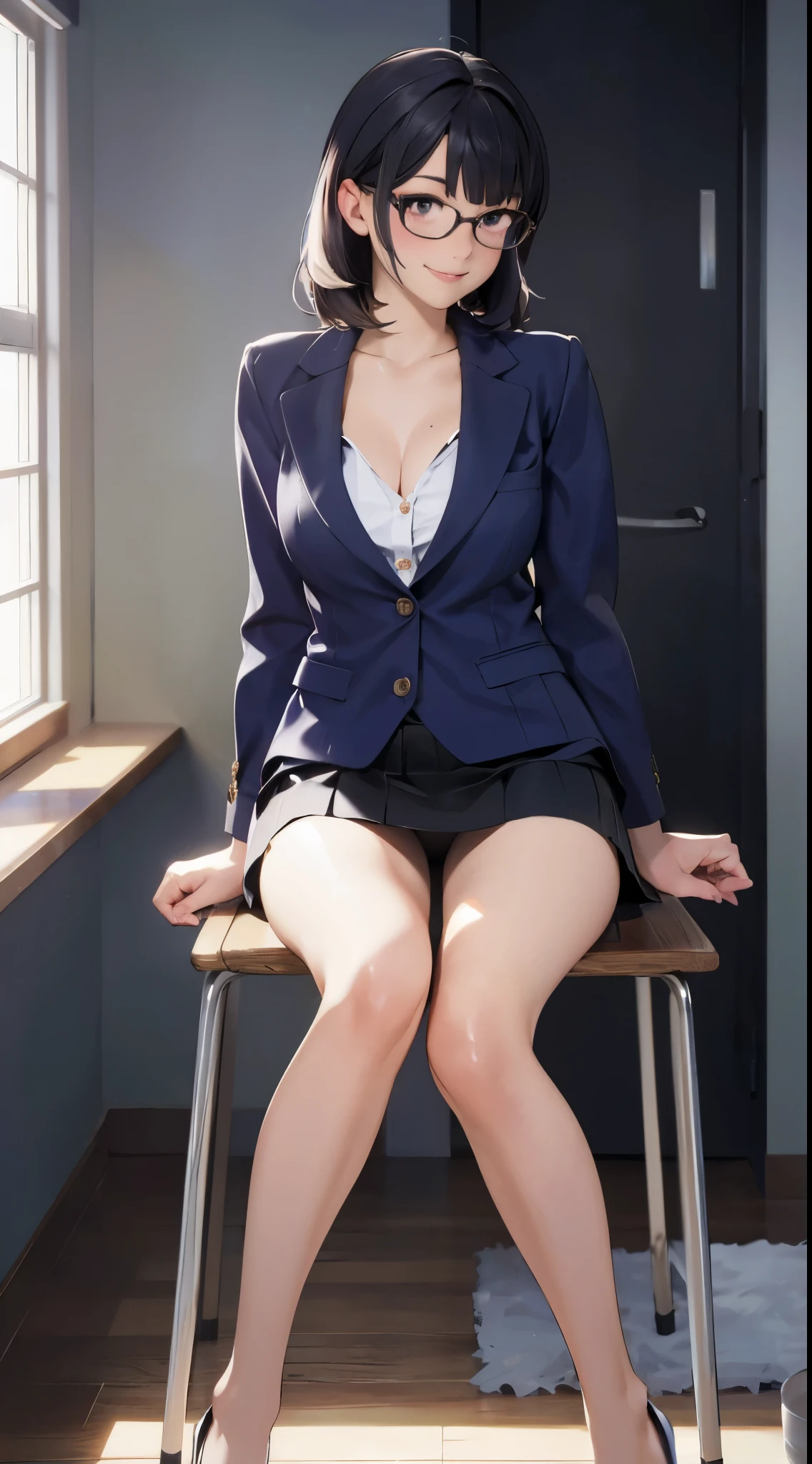 NSFW, (Official art、Best Quality、Unity 8k Wallpapers、32K、masterpiece、ultra-detailliert、超A high resolution、realisitic、Photorealsitic:1.2)、(natural soft light:1.2)、Fireglow effect、The grainiest shadow of the film、side lights、sideshot、(ultra-detailliertで複雑な3Dレンダリング)、Detailed beautiful face and eyes、Sharp pupils、Realistic pupils、middlebreasts、Smile、high-heels、Woman in skirt and shirt sitting on desk, Office Clothes, on desk, on deskに座る, on deskに座っている,bent at the knees、Opening legs、open one's legs、pantie shot、 wearing business casual dress, A sexy、business clothes, In the office, wearing a suit and glasses, Fully dressed, business outfit, embarrassed from, A slight smil、Business attire、cleavage of the breast、A sexy、