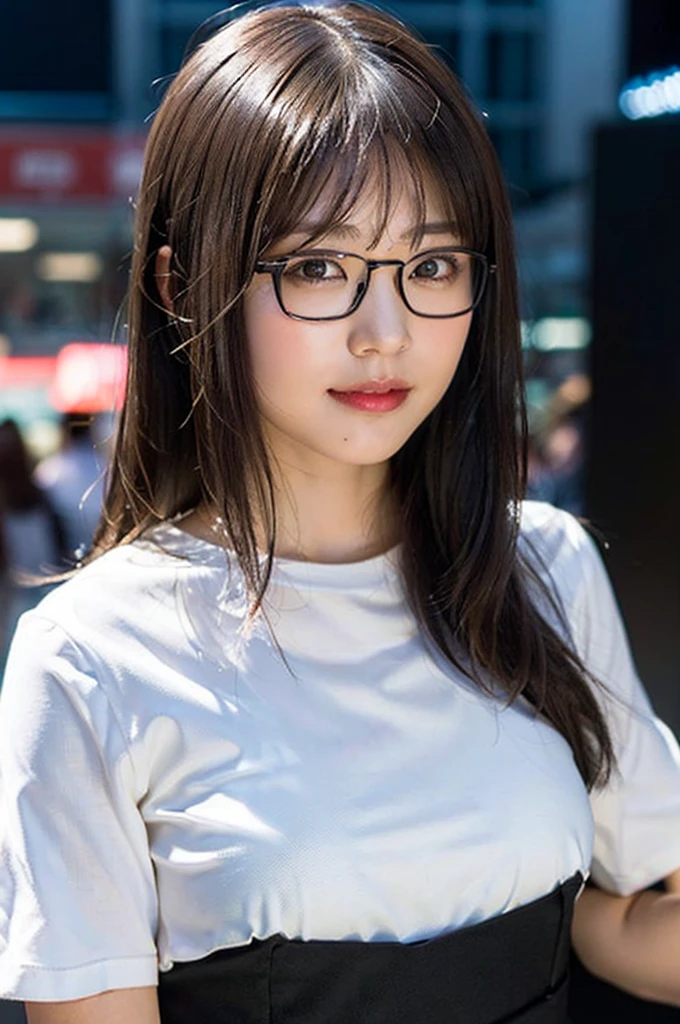 (10、RAW photography、最高品質、master-piece:1.2)、(Reality、real light:1.37)、ultra-detail、超High resolution、1 girl、Watch the audience、beautiful detailed face、smile、constriction、(slim waist) :1.3)、((Thin white shirt, fine texture, beautiful skin.、skin texture、floating hair、((I'm a bunch of one.))、Big breasts with a good shape.、Professional lighting、In front of the station at noon.、((Black square glasses))、The entire human body、brunette hair、((I'm on the phone.))、