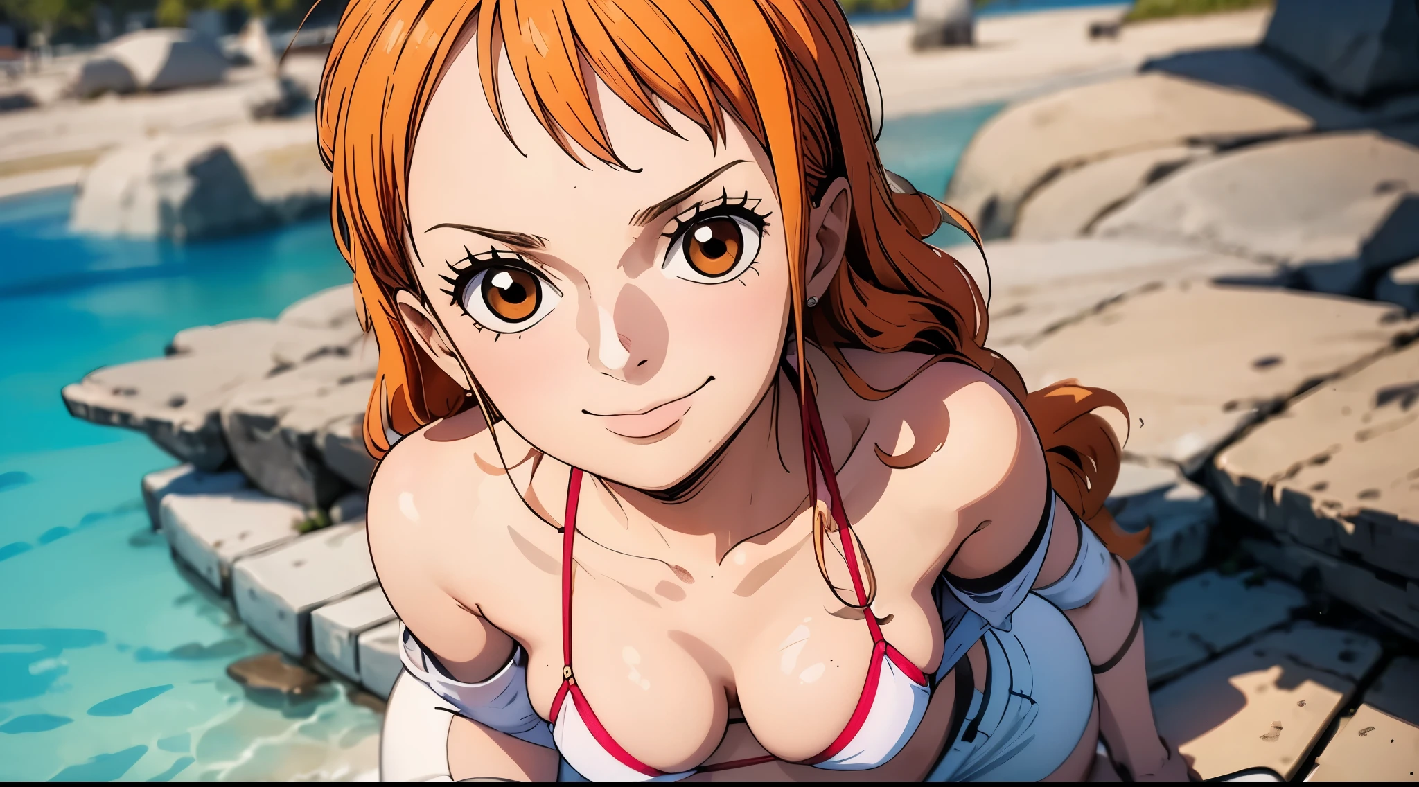 An Arafe woman wears a bikini top and red super miniskirt, nami one piece, uma obra-prima , Retrato bonito de Nami, nami from one piece,Nami em super minissaia vermelha, arte de anime digital detalhada, Cute Exirobat showing white pants, Muito detalhado Artgerm haha, deviantart artstation cgsscosiety, realistic red bikini, roupa de banho vermelha, fanart melhor artstation, Artgerm. alto detalhamento, seios grandes.