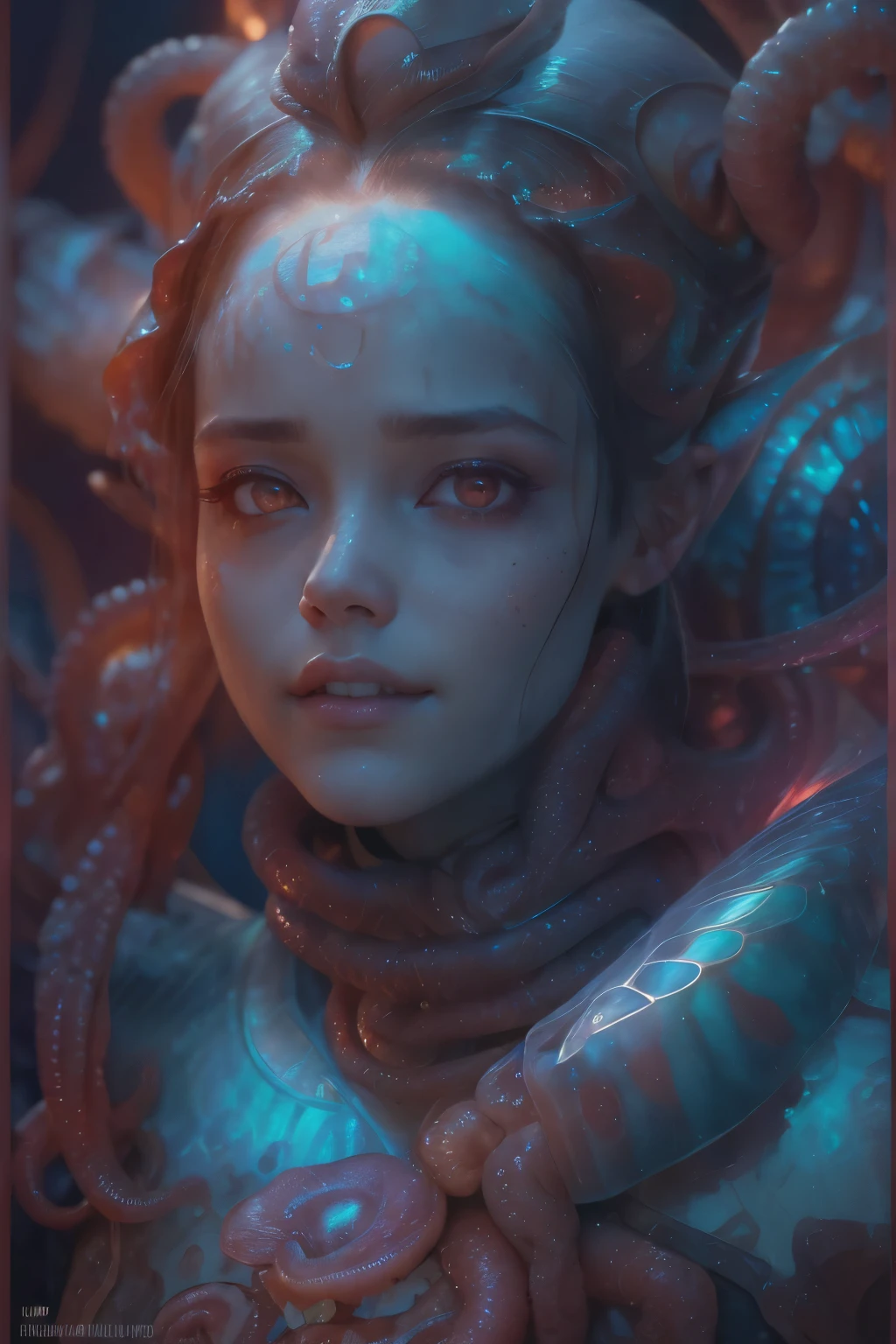 Portrait, (beautiful female alien:1.2), (she has red eyes with no pupils:1.8), (Translucent skin:1.7), (There is a female genital-like organ in the middle of the forehead:1.9), (The most beautiful face in the history of the universe:1.2),an evil gaze that seduces, (large mouth:1.1), (sharp teeth like a vampire:1.2), Full body like, (bio luminescent:1.5), (Smile wickedly:1.3), (sexypose:1.5), alien, No humans, cells are fused, (Lots of translucent tentacles:1.3) extraterrestrial, cell, bio image, Best Quality, 8K,4K_quality, High Definition, Dramatic Lighting, masutepiece:1.5,cinematic quality, detail up, (Intricate details:1.2), High resolution, High Definition, drawing faithfully, (Thick eyebrows:1.2), Beautiful eyes with fine symmetry,(Highly detailed face and eyes:1.2), Intimate face, (Super detailed skin quality feeling:1.4), Perfect Anatomy, (Beautiful toned body:1.5), (Moist skin:1.2), No makeup, (dark circles:1.1), long canines, cinematic drawing of characters, ultra high quality model, cinematic quality, detail up, (Intricate details:1.2), High resolution, High Definition, drawing faithfully, Official art, Unity 8K wall , 8K Portrait, Best Quality, Very High resolution, ultra detailed artistic photography, midnight aura, unreal engine 5, Ultra Sharp Focus, art by alberto seveso, ArtGerm, Roisch, intricate artwork, best quality, masutepiece, ultra High resolution, (photos realistic:1.4), Ultra-realistic realism, dream-like, nautilus, Creation of fantasy, Snail, Dream Snail, (biopunk nautilus:1.3), Thrilling color schemes, Ultra-realistic realism, seductively smiling, Blue tentacles,