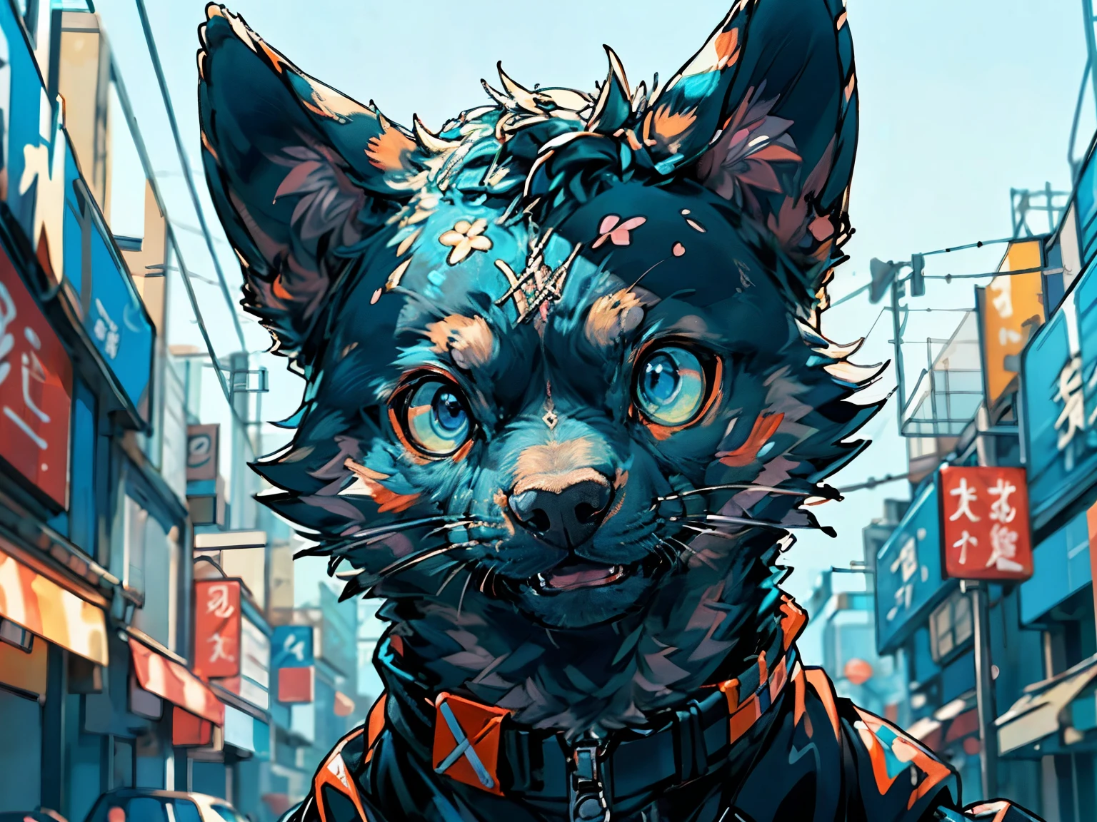 (masterpiece、top-quality、absurderes)、1人、well-muscled、A detailed eye、blue eyess、Open jacket、Adoring the Dog、The upper part of the body、(fluorescent lamp)、(colourfull)、((abstract background))、