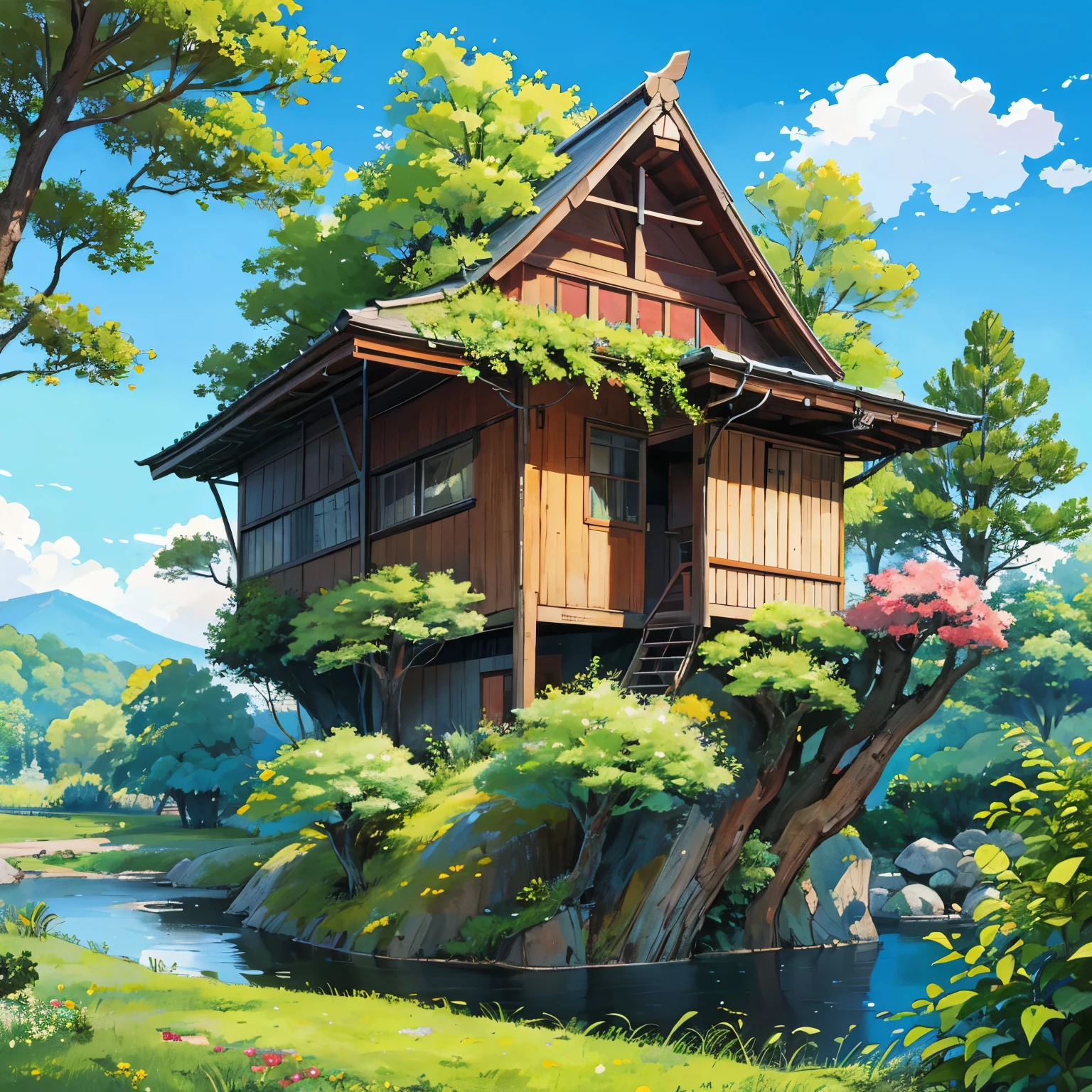 Une maison dans un arbre, dans une forêt au Japon. Une rivière passe en dessous de l'arbre. La maison est en bois, avec des fleurs dessus. Les arbres sont verts. Les fleurs sont roses et rouges. L'eau est bleu ciel. Beaucoup d'arbres et de natures. Des plantes grimpes sur la maison dans l'arbre. Style : Mignon, anime, manga. Couleurs : vert, rose, bleu, rouge. Qualité : 8K. Ilustration détaillée et mignonne. Inspirée par les images du Studio Ghibli. Inspirée par Dofus. Inspirée par le Château dans le ciel. Ambiance : paisible, lo-fi, nature luxuriante, anime, manga. Daytime. Peaceful. Nature. Tree. House in the wood. Lost. Sunrise. Asia. Japan. Fanart. House. Tree.
