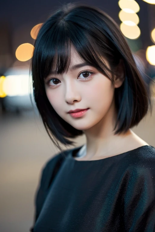 a super beautiful girl, very kind face, straight face, light eye makeup, close-up, looking at viewer, black hair, casual dress, soft lighting, midnight, blurry background, bokeh,