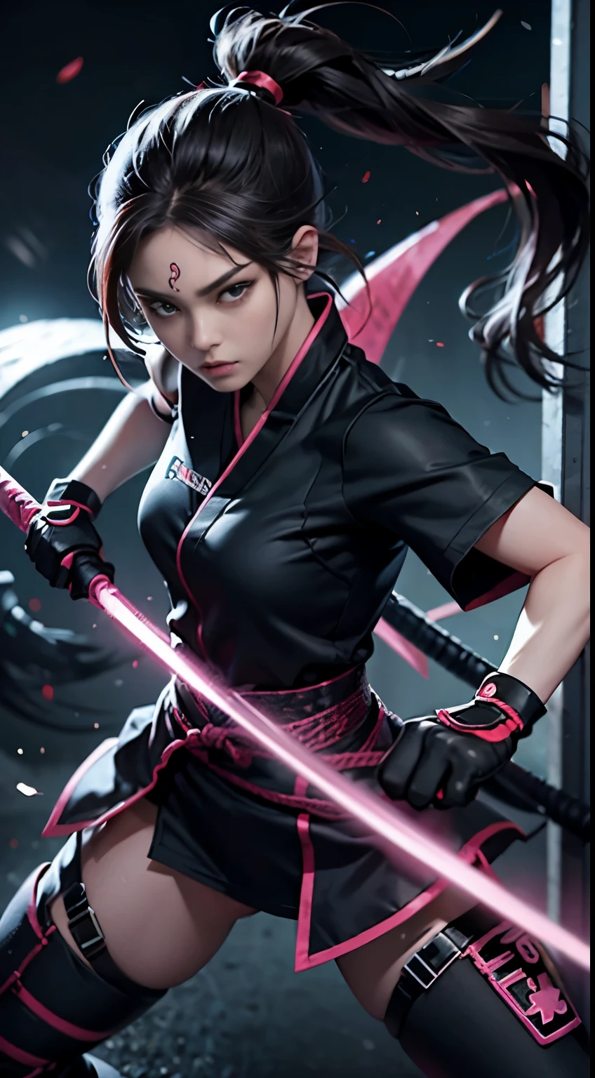 Real Tick、high-level image quality、kunoichi、Cyber Ninja、a beauty girl、Ninja clothing、Fighting Pose、Put your hands forward、glares、