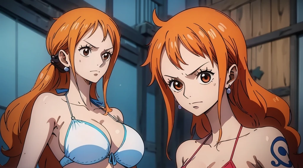 An Arafe woman wears a bikini top and red super miniskirt, nami one piece, uma obra-prima , Retrato bonito de Nami, nami from one piece,Nami em super minissaia vermelha, arte de anime digital detalhada, Cute Exirobat showing white pants, Muito detalhado Artgerm haha, deviantart artstation cgsscosiety, realistic red bikini, roupa de banho vermelha, fanart melhor artstation, Artgerm. alto detalhamento, seios grandes.