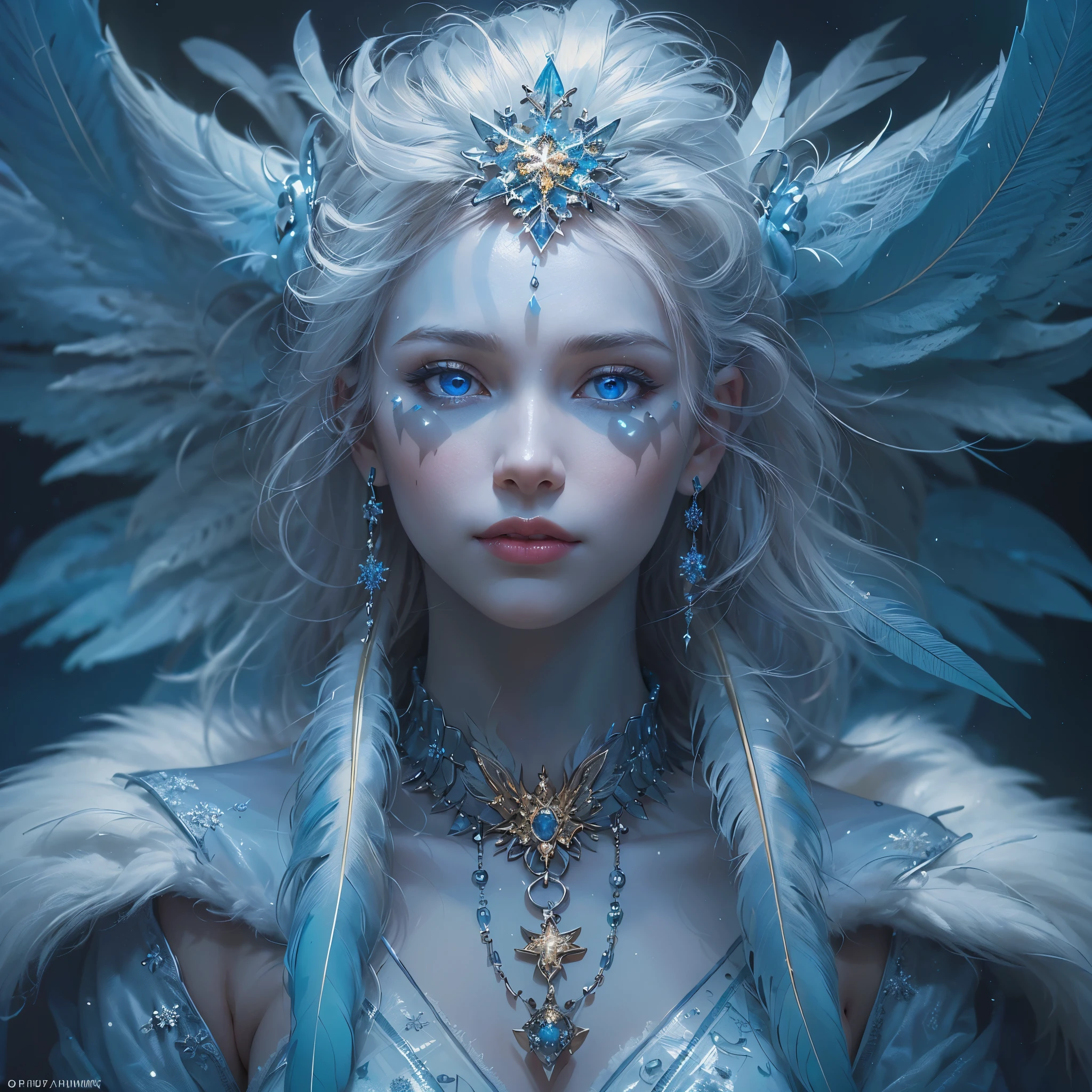 (award-winning masterpiece, incredibly detailed, textured and maximum detail), (hyper realism:1.4), (realism:1.3), (top quality realistic textured skin), (detailed true circle symmetrical eye-catching exquisite face, ((medieval world)), ((Lord demon)), ((Lord frozen Arctic Devil)), (she has a mischievous smile), (eyes glowing blue in the dark:1.8), (snowstorm), ((white snow costume 1.8)), (dramatic light), (magnificent scene), (her expression is gentle and beautiful, yet somehow terrifying), (feathers behind shoulders with large wings:1.6), snowflake earrings in ears, (dramatic photo:1.7), (seductive pose), ((dramatic pose)), (gorgeous photo), (golden hair), (silver hair), (chestnut hair), short cut hair, (full length portrait:1.7), ((examine)) ((looking down)), ((full-length standing figure)), ((gives full-length standing figure)), (elaborately crafted necklace around her neck), (bioluminescent with brilliant glow:1.1), (uses flashy snow magic:1.2), ((snowflake)), (luminous magic circle), (luminous magic circle), ancient castle ruins, abandoned ruins, crumbling ruins, glowing majestic mass of clouds and sky, lightning, epic realism, fading, art book, (Greg Rutkowski:0.8), (teal and orange:0.4), (art book station:1.5), cinematic, ((neutral hues)), (ticker:1.5), (muted colors:1 .2), hyperdetailed, dramatic light, (elaborate detail:1.1), complex background, (muted colors:1.5), (muted colors:1.2)