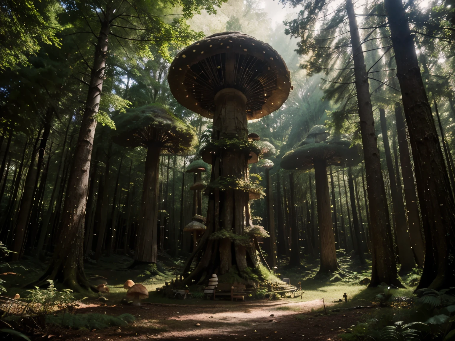 A forest where giant, luminescent mushrooms tower overhead, casting an otherworldly glow and creating an enchanting atmosphere. fantastic realism, natural colors, natural light, award-winning image, award-winning photography, the best photo ever made, authentic photography 8K