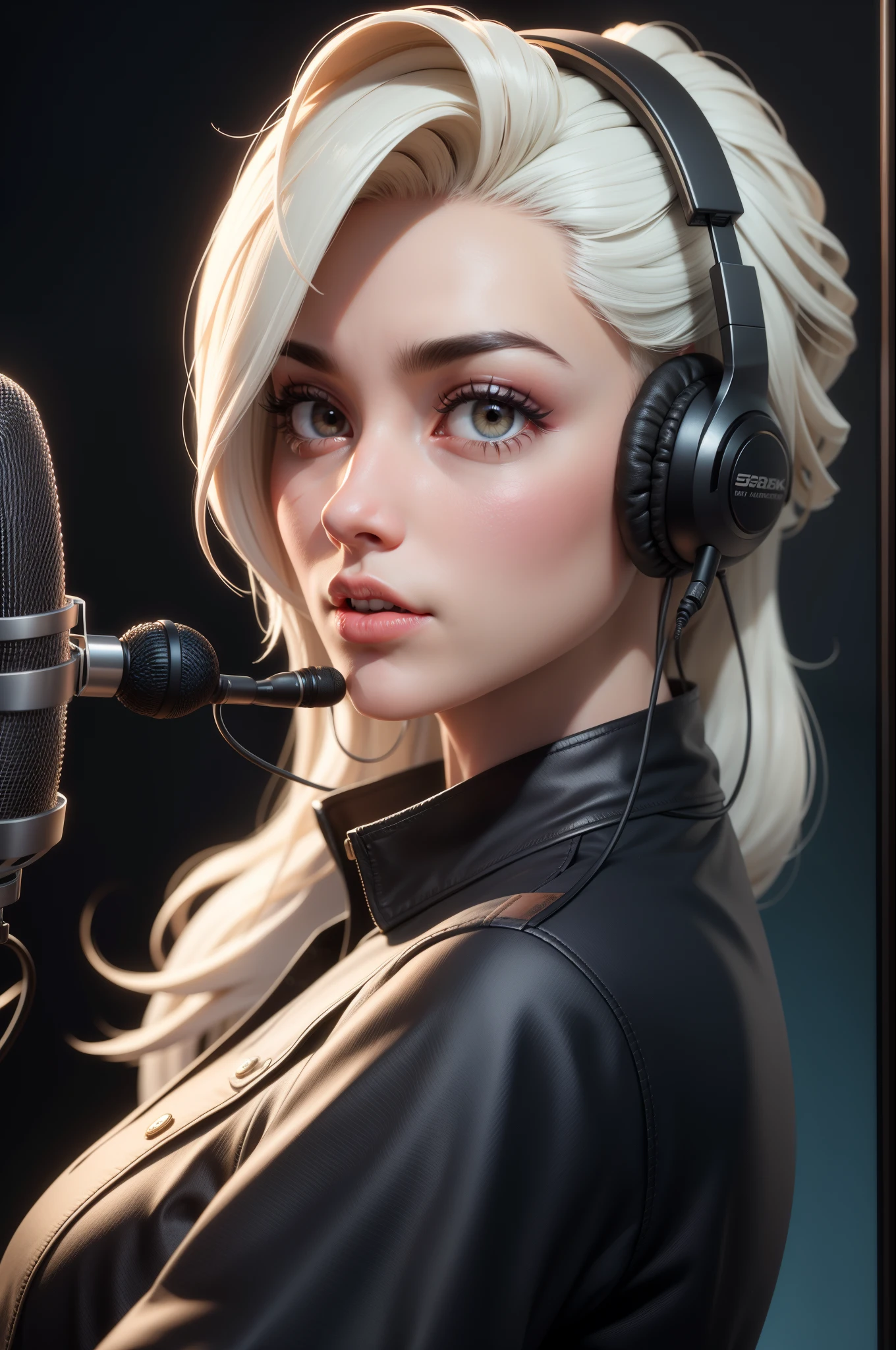 Moreno de 45 Anos, Cabello Blanco Com Part Preto Ondurados,  studio announcer, Speak into a radio microphone using a headset,realist, 。.3D, In 4K.