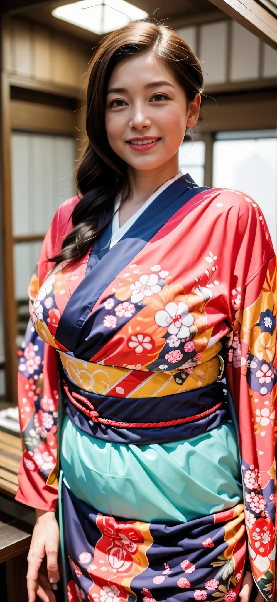The most beautiful moms in the Japan(Giant body)、Wearing a kimono、traditional Japanese room、Huge breasts that are too big and droop a little、January、With smiling eyes、new year greetings