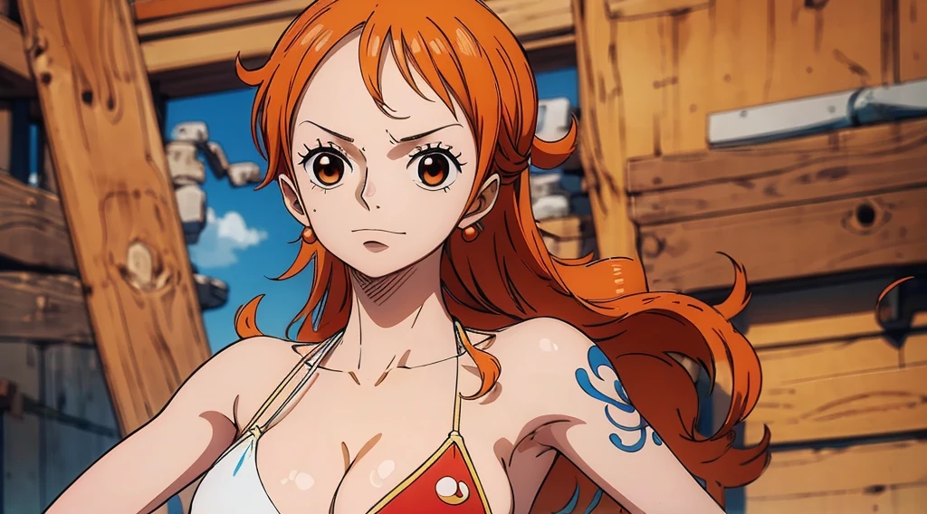 An Arafe woman wears a bikini top and red super miniskirt, nami one piece, uma obra-prima , Retrato bonito de Nami, nami from one piece,Nami em super minissaia vermelha, arte de anime digital detalhada, Cute Exirobat showing white pants, Muito detalhado Artgerm haha, deviantart artstation cgsscosiety, realistic red bikini, roupa de banho vermelha, fanart melhor artstation, Artgerm. alto detalhamento, seios grandes.