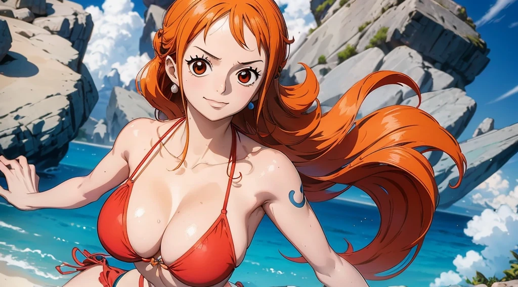 An Arafe woman wears a bikini top and red super miniskirt, nami one piece, uma obra-prima , Retrato bonito de Nami, nami from one piece,Nami em super minissaia vermelha, arte de anime digital detalhada, Cute Exirobat showing white pants, Muito detalhado Artgerm haha, deviantart artstation cgsscosiety, realistic red bikini, roupa de banho vermelha, fanart melhor artstation, Artgerm. alto detalhamento, seios grandes.
