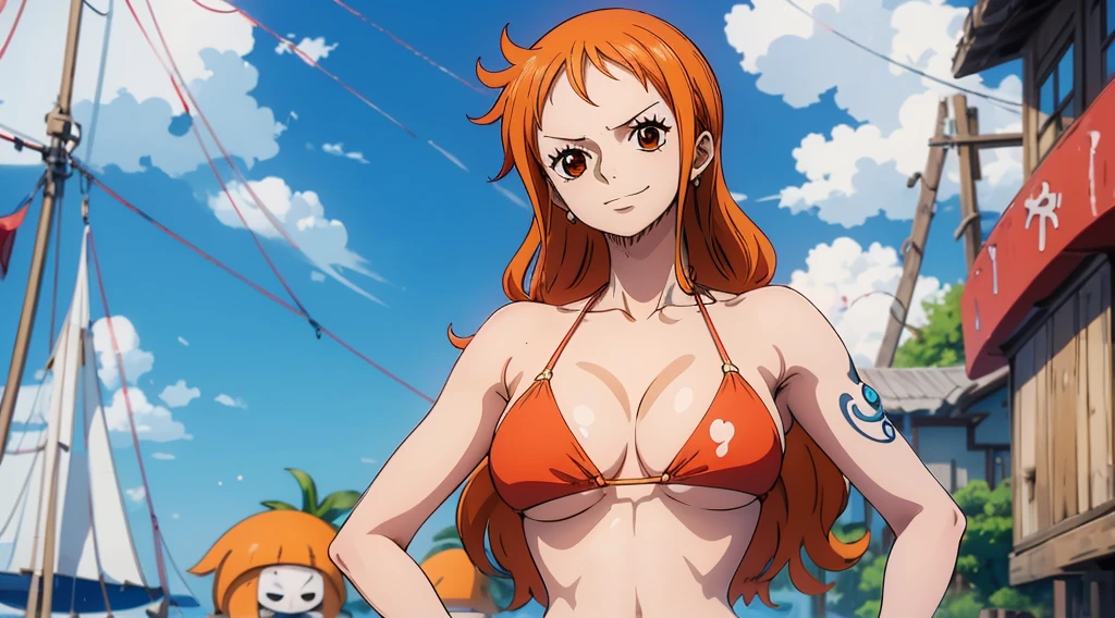 An Arafe woman wears a bikini top and red super miniskirt, nami one piece, uma obra-prima , Retrato bonito de Nami, nami from one piece,Nami em super minissaia vermelha, arte de anime digital detalhada, Cute Exirobat showing white pants, Muito detalhado Artgerm haha, deviantart artstation cgsscosiety, realistic red bikini, roupa de banho vermelha, fanart melhor artstation, Artgerm. alto detalhamento, seios grandes.