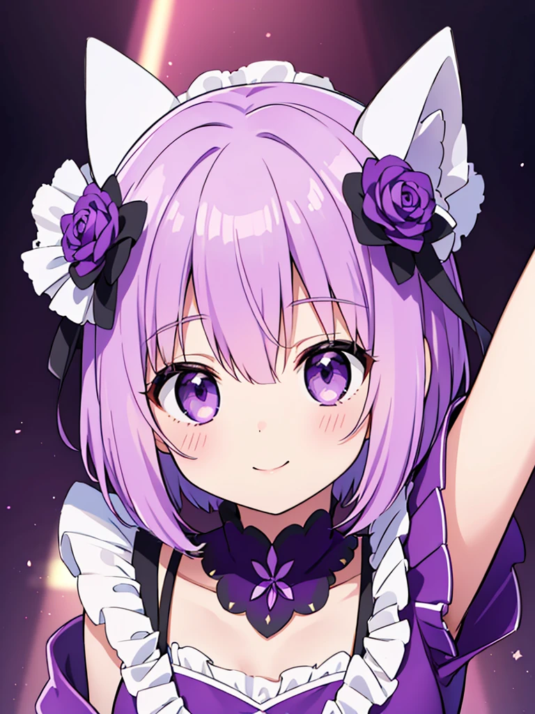 ​masterpiece, top-quality, 1girl in, short hair, , Purple hair、Purple eyes、Idol type、cute purple dress、ハート型のkirakiraした目、a smile that charms you、マイク🎤を持つ、kirakira.