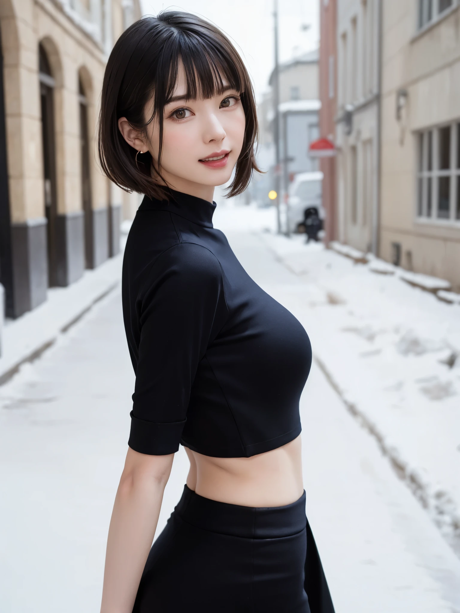 (​masterpiece, top-quality),1girl in, 独奏, hyper realisitic, Photorealistic,realisitic, looking at the viewers, brown eyes of light color:1.4,Brunette short bob hair with highly detailed shiny hair, Winter clothes in bright colors, lepangas:1.4), plein air, closed mouth, The upper part of the body、big breasts eye、Lashes、{Gigantic|big breasts|Huge|Mega} breasts:2, cleavage:2、(((big breasts eye、short bob hair、Intense highlights of the pupils、gazing at viewer、She is a very beautiful and cute beauty、Put your ears out、long neck、smil、Close your mouth and smil、bangs beautiful teeth)))、Ideal ratio body proportions、（Snow-covered tree-lined streets in Norway in winter）、美しいlong neck:1.4、