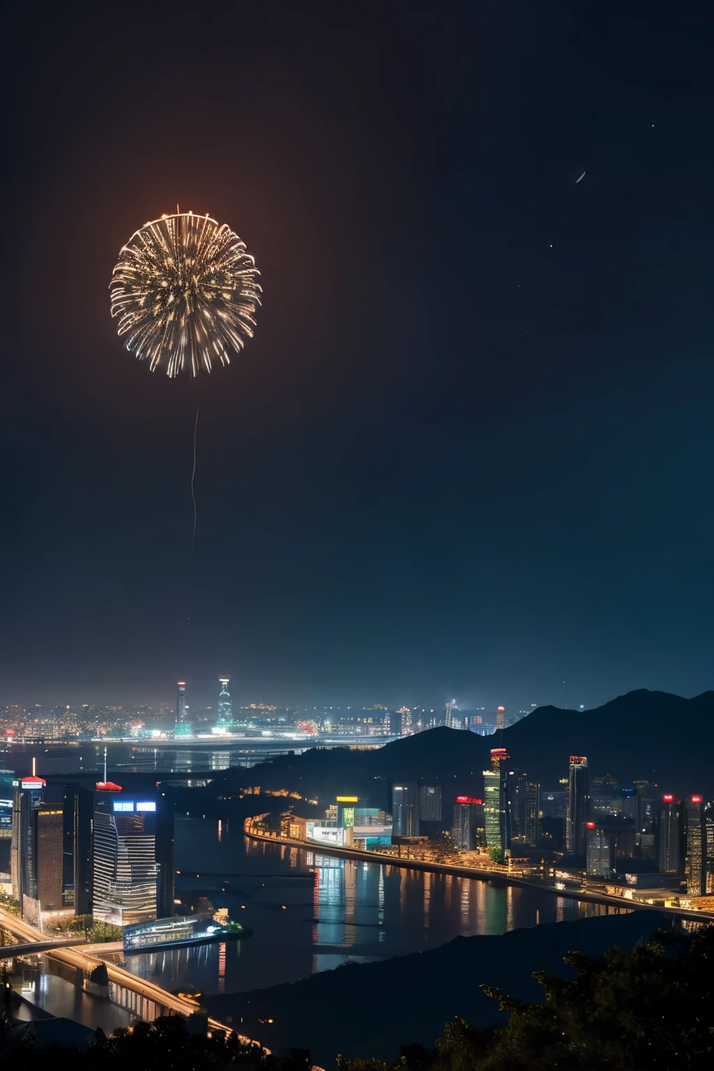 The background of the picture is the night view of Changsha，With Juzizhoutou and Yuelu Mountain as the background，Showing the prosperity and beauty of Changsha。In the center of the picture，There is a cute squirrel，Three squirrels holding nuts in hand，Smile and wave to the audience。