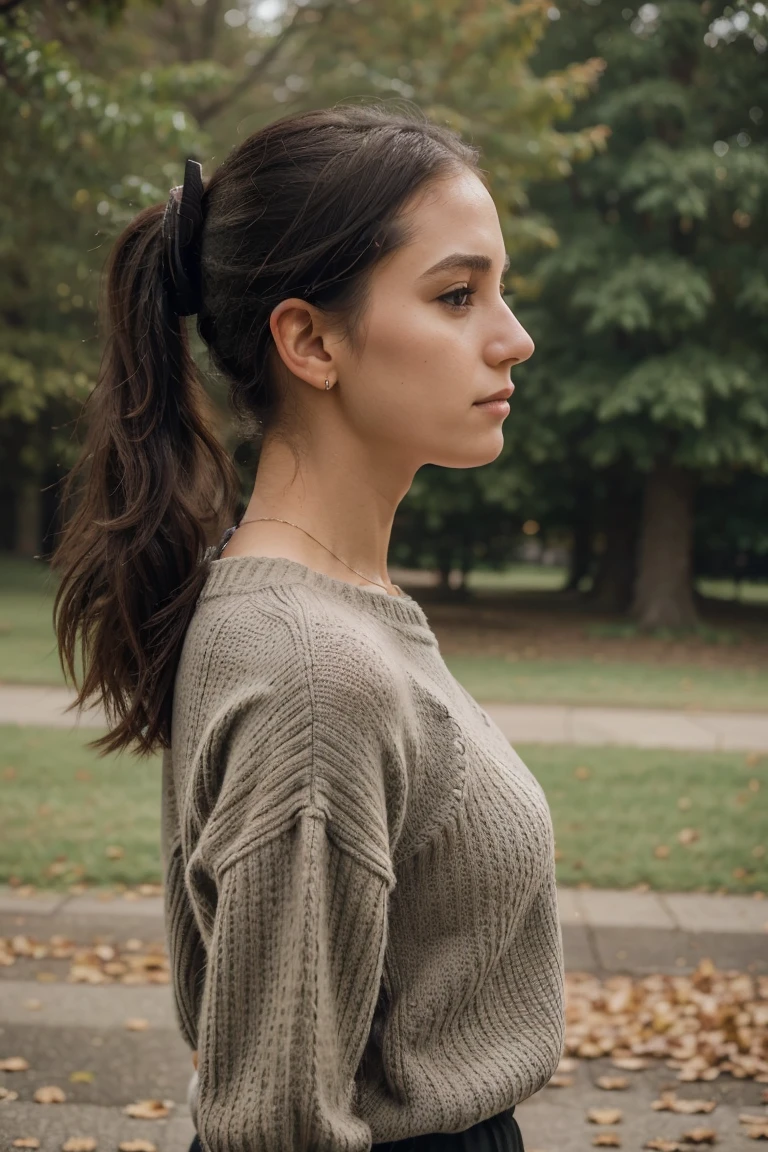 1girl, Solo, Portrait of one woman about 25 years old, black long ponytail hair, Hazel eyes, profile picture,sweater, skirt, standing outside, park photography, mature woman, close up photography, RAW Photography, 8k, , Masterpiece, Top Quality, Fine Pore, Realistic, Photorealistic, Ultra Detailed