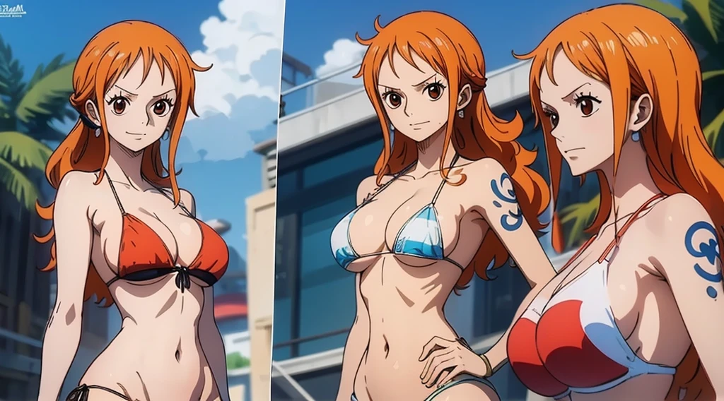 An Arafe woman wears a bikini top and red super miniskirt, nami one piece, uma obra-prima , Retrato bonito de Nami, nami from one piece,Nami em super minissaia vermelha, arte de anime digital detalhada, Cute Exirobat showing white pants, Muito detalhado Artgerm haha, deviantart artstation cgsscosiety, realistic red bikini, roupa de banho vermelha, fanart melhor artstation, Artgerm. alto detalhamento, seios grandes.