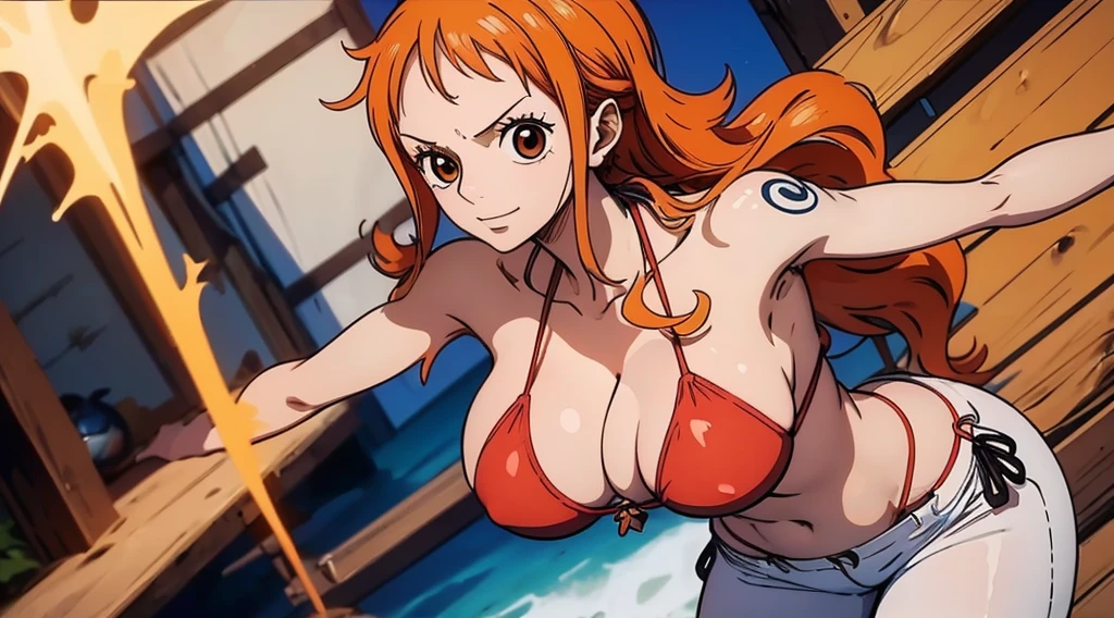 An Arafe woman wears a bikini top and red super miniskirt, nami one piece, uma obra-prima , Retrato bonito de Nami, nami from one piece,Nami em super minissaia vermelha, arte de anime digital detalhada, Cute Exirobat showing white pants, Muito detalhado Artgerm haha, deviantart artstation cgsscosiety, realistic red bikini, roupa de banho vermelha, fanart melhor artstation, Artgerm. alto detalhamento, seios grandes.