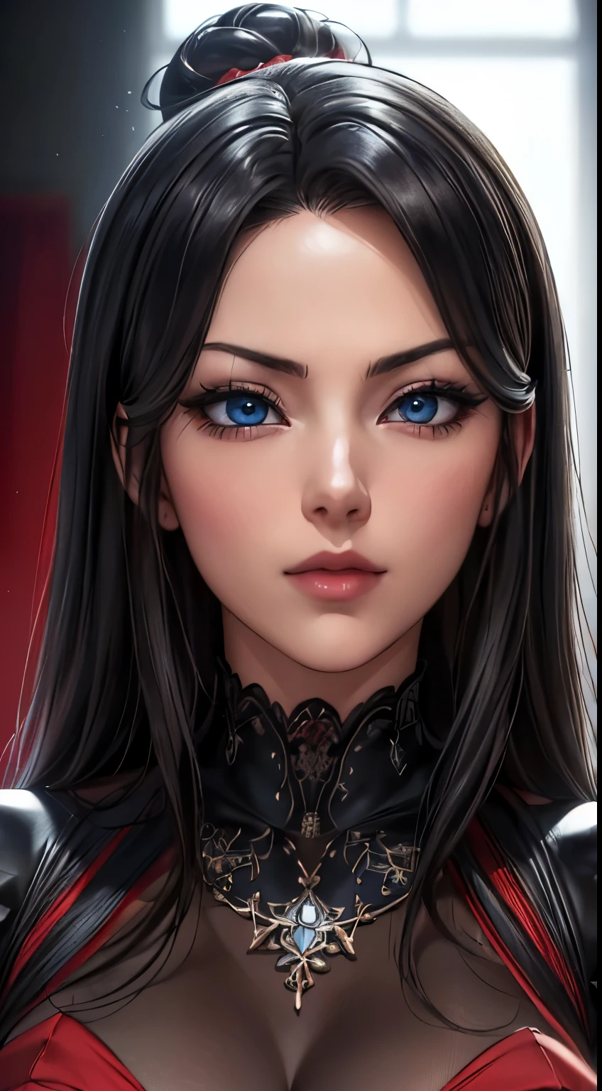 A woman with blue eyes and a red top is posing - SeaArt AI