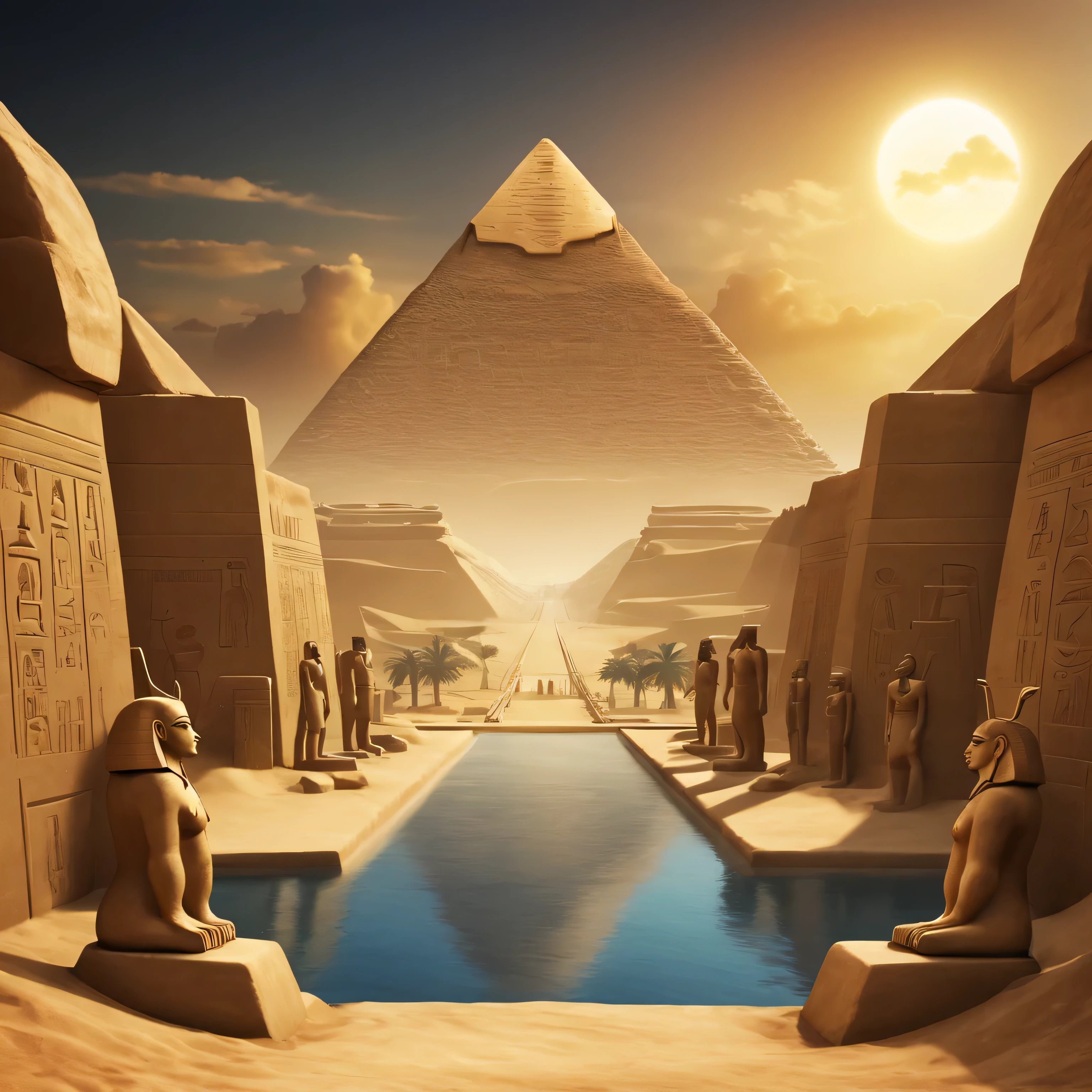 Arafed view of a pyramid with a pool and sphinx statues - SeaArt AI