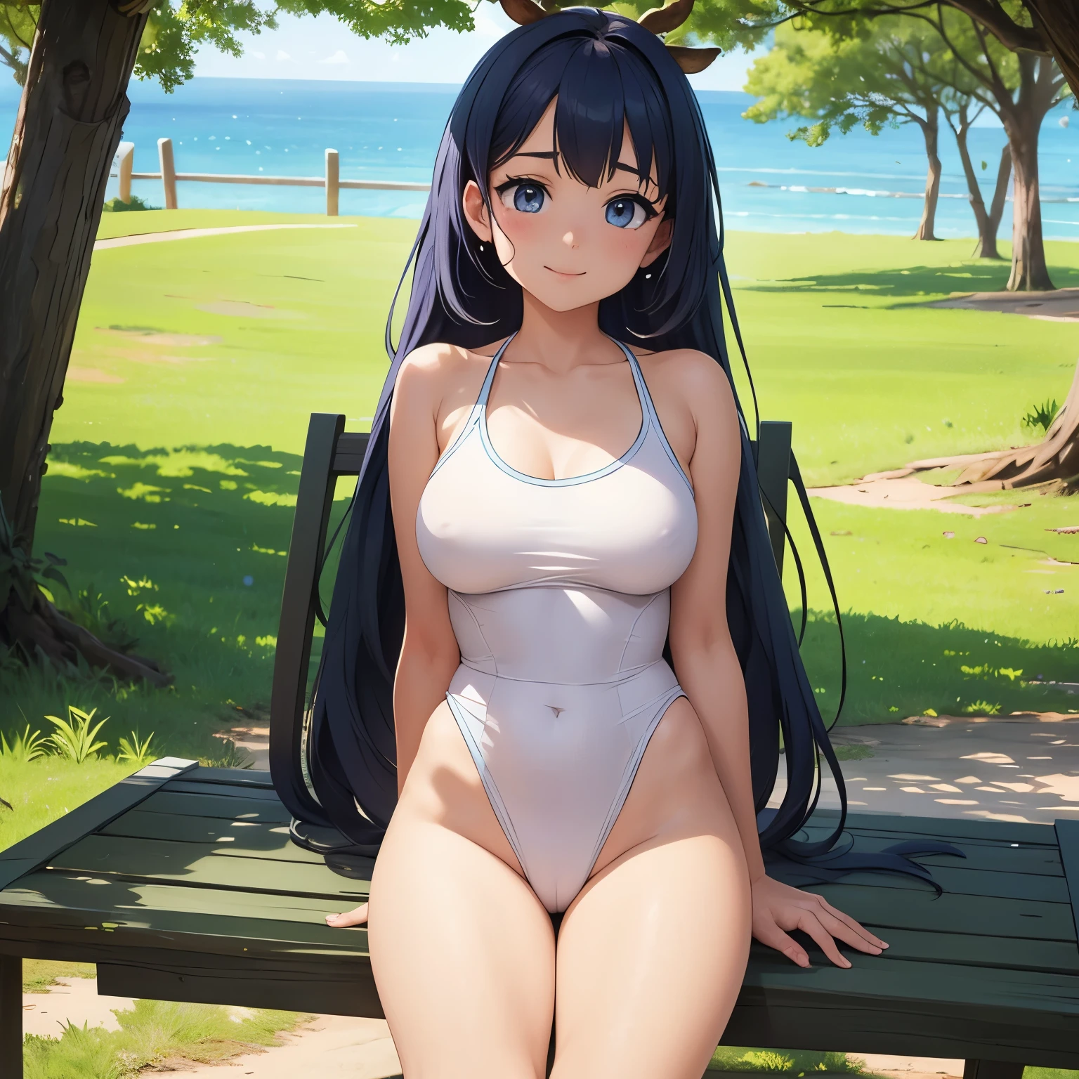 Mujer, pechos grandes, pechos enormes, ojos amarillos, pelo blanco, bosque, naturaleza, verano, luz del sol, warm, cow swimsuit, soft day, anime, 2d 