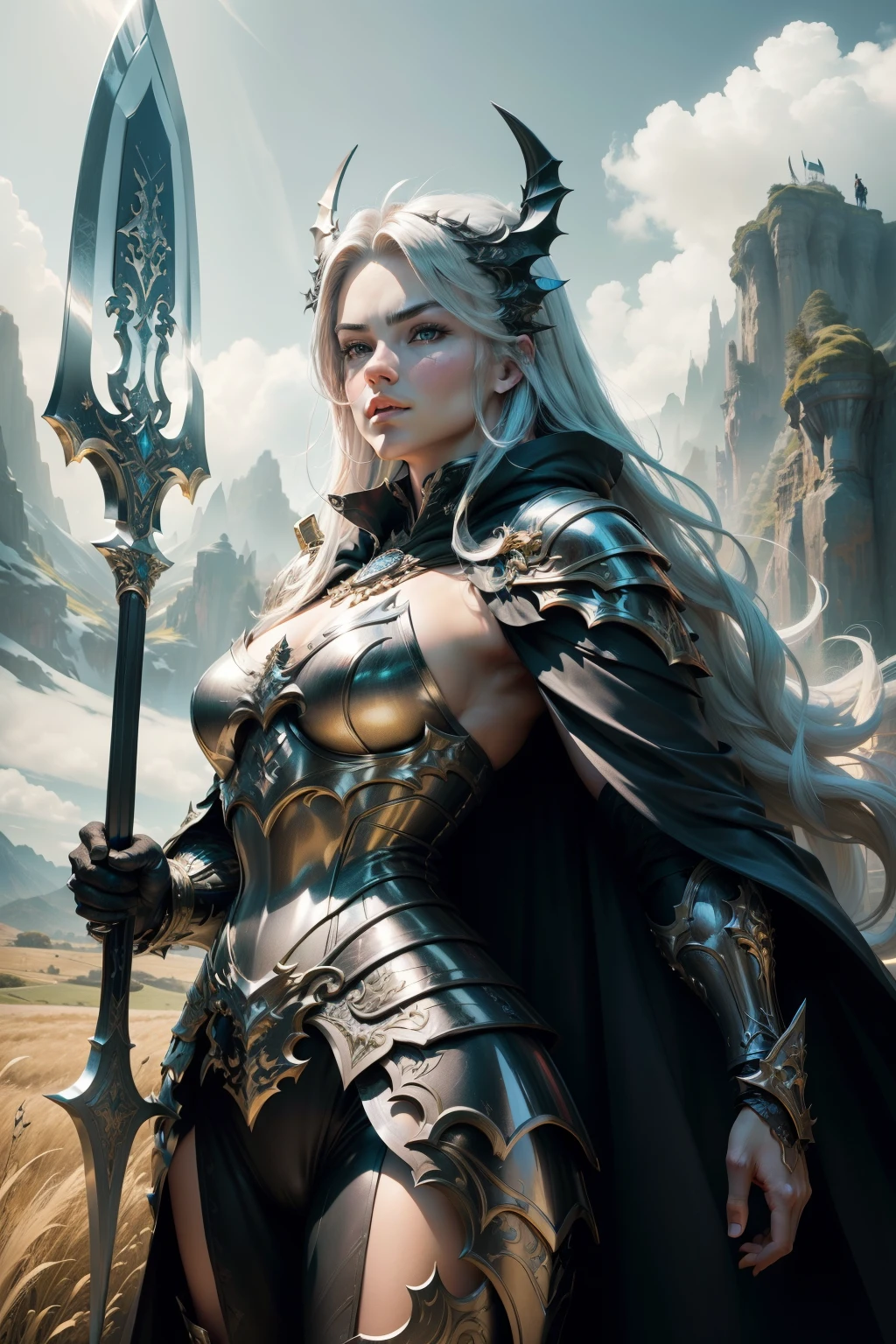 amazing resolution、hight resolution、(​masterpiece:1.4)、ultra-detailliert、vivid details、muscular woman、queen of dragons、Let your golden hair flow、wear silver armor、black cloak、with a big ax in hand、grassland scenery
