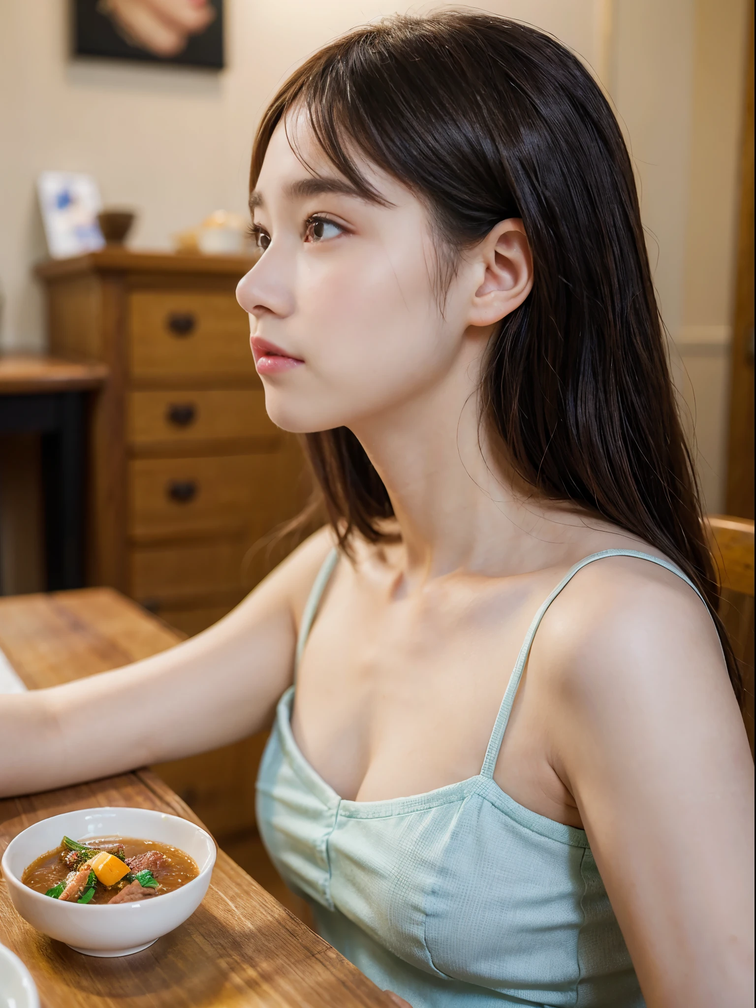 (8K、Raw photography、Photorealsitic:1.25)、1little girl、15 year old woman with a beautiful face、profile、eat stew at the table、spoons、one piece dress、Detailed eyes、lipgloss、long eyelashes beautiful look、shiny bare skin、top-quality、超A high resolution、