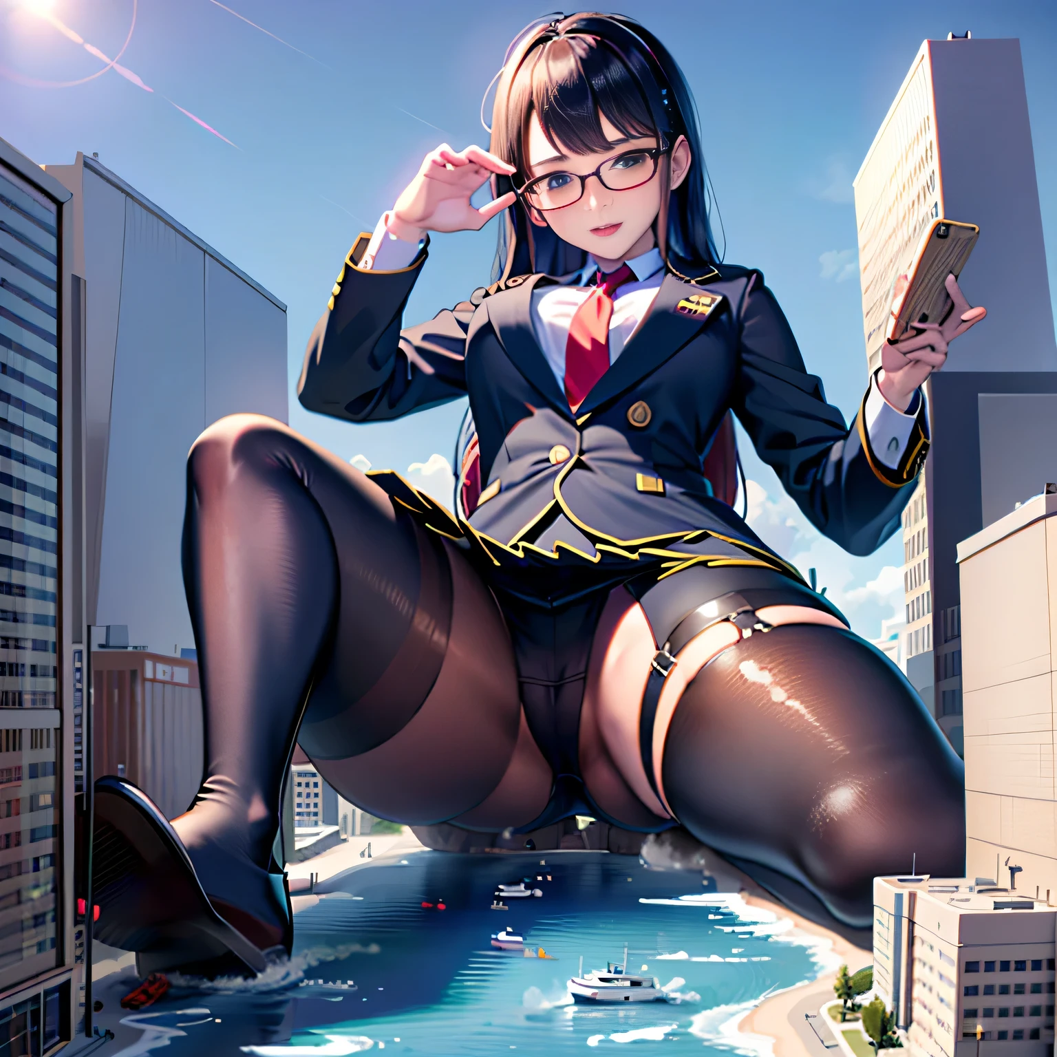 beowulf, multiple girls, Giant art, surreal high school girl, 非常に詳細なgiantショット, giant, short-hair, a huge high school girl、&#39;It&#39;s much bigger than a skyscraper, wears rimless glasses, Colossal tits, Big ass, navy blue blazer, red tie, mini length skirt, black pantyhose, I don't wear shoes., miniature metropolis, I&#39;I am playing with capturing very small aircraft carriers and battleships.., ticker, giga Giant, Giant, crashed warship, small warship, micro warship,