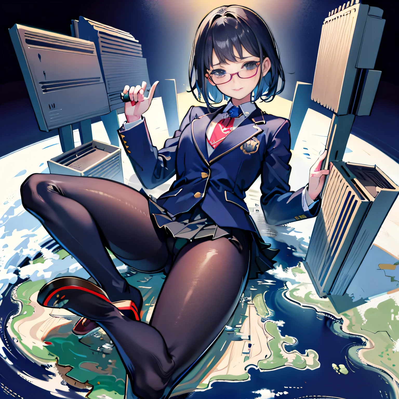 beowulf, multiple girls, Giant art, surreal high school girl, 非常に詳細なgiantショット, giant, short-hair, a huge high school girl、&#39;It&#39;s much bigger than a skyscraper, wears rimless glasses, Colossal tits, Big ass, navy blue blazer, red tie, mini length skirt, black pantyhose, I don't wear shoes., miniature metropolis, I&#39;I am playing with capturing very small aircraft carriers and battleships.., ticker, giga Giant, Giant, crashed warship, small warship, micro warship,