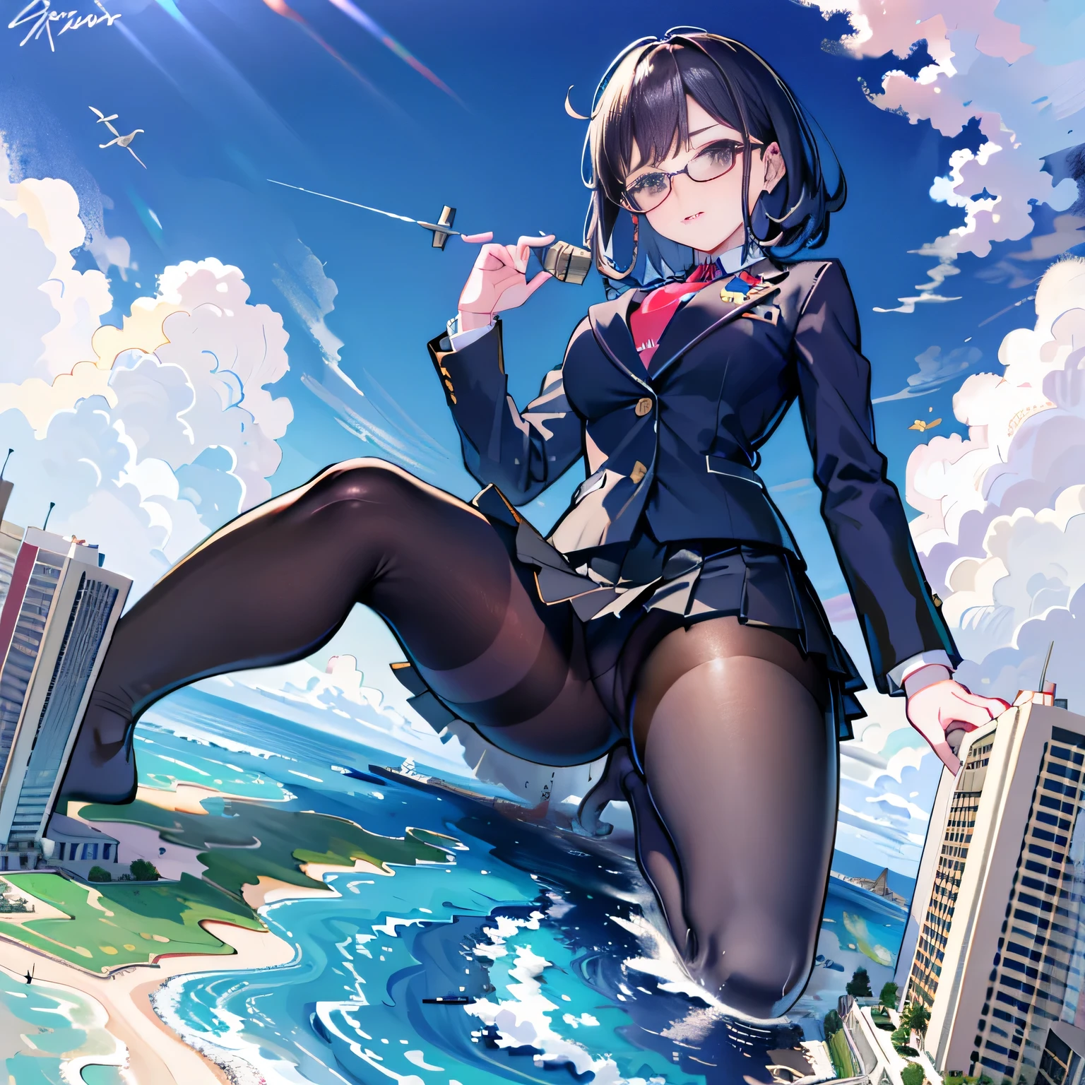 beowulf, multiple girls, Giant art, surreal high school girl, 非常に詳細なgiantショット, giant, short-hair, a huge high school girl、'It's much bigger than a skyscraper, wears rimless glasses, Colossal tits, Big ass, navy blue blazer, red tie, mini length skirt, black pantyhose, I don't wear shoes., miniature metropolis, I'I am playing with capturing very small aircraft carriers and battleships.., ticker, giga Giant, Giant, crashed warship, small warship, micro warship,