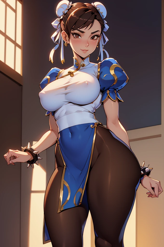 linda chun li mulher morena, cabelos curtos, white knit sweater , brown pantyhose, sala, quarto, beautiful lips, rosto elegante ,cara bonita, Rosto de alto detalhe,pele altamente detalhada, olhando para o espectador, linda pele morena,Standing alone, belas coxas, coxas sexy, coxas grossas, coxas meio um pouco musculosa, tomboy,belo sorriso, lindo rosto detalhado, franja nos olhos