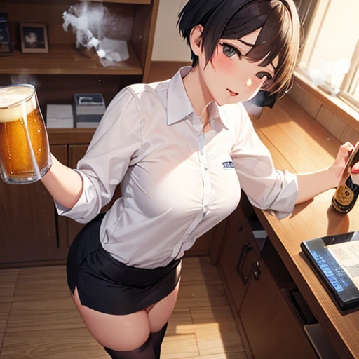 NSFW,Office Worker,The shirt,Dressing,short-hair,smelly stockings,studio,Cluttered room,((drinking beer)),(((perspiring))),(((stink))),(((drunk))),(((Fornication))),a smile