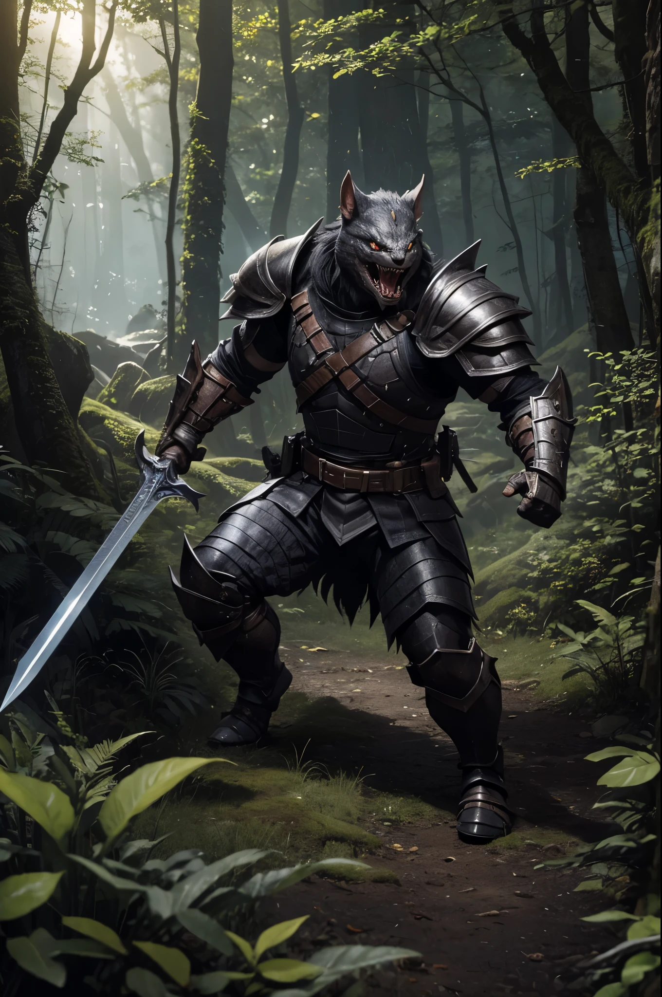 8K,Kobold in black armor(like the real thing),Has a sword and a round shield,dog monster,sharp eyes,wide open mouth,I see big fangs,muscular and toned body,超A high resolution,A hyper-realistic,fantasy art,character art,in the forest,outside the ruins,combat scene,action scene,actionpose,