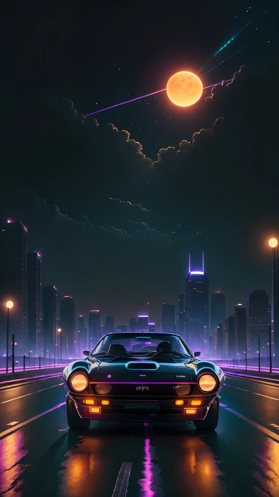 Return wave. City, 1969 Nissan S30, Wide-body kit, road, purple neon, Sun, a closeup of a
(Masterpiece, Detailed, High Resolution),