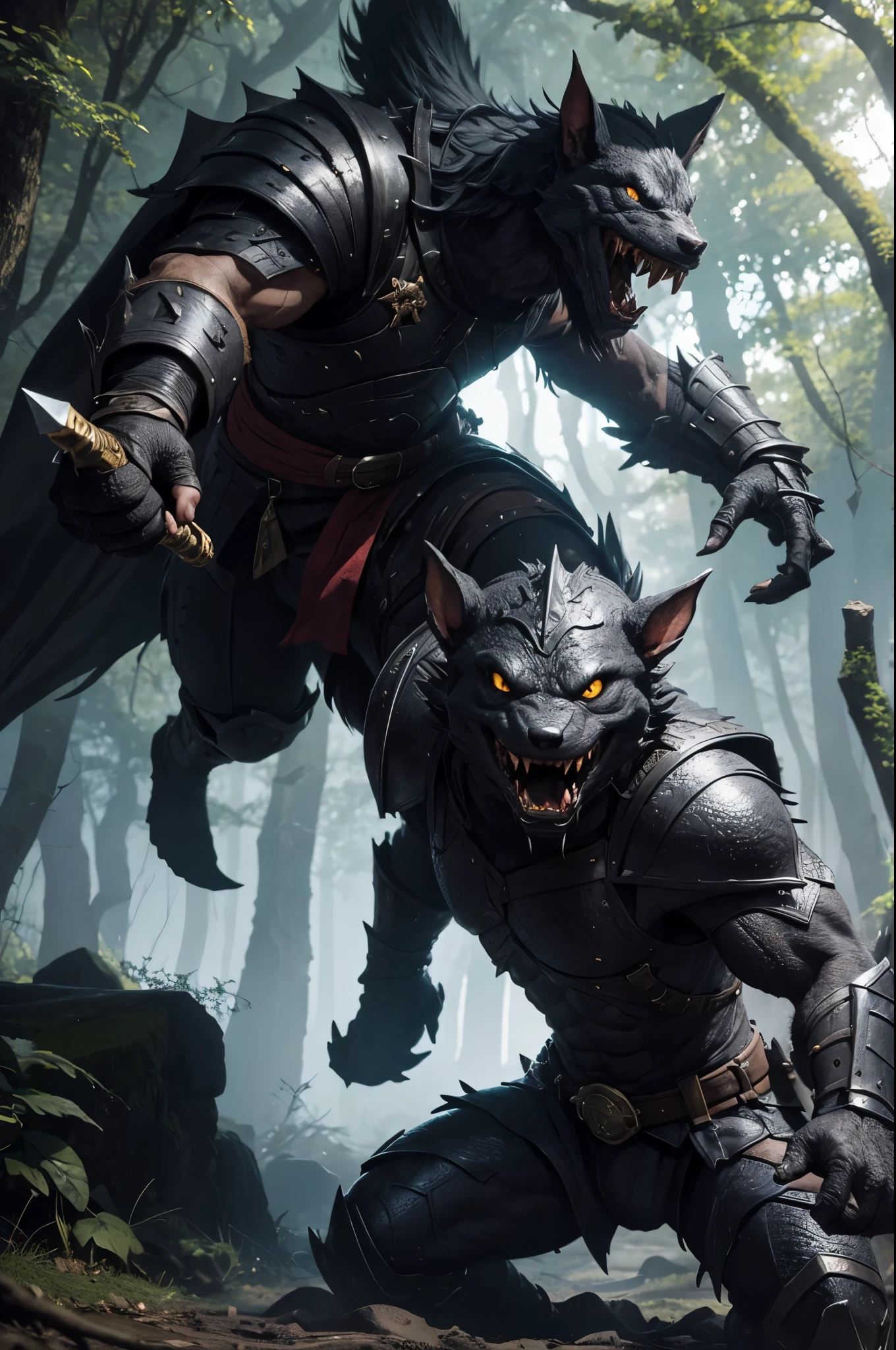 8K,Kobold in black armor(like the real thing),Has a sword and a round shield,dog monster,sharp eyes,wide open mouth,I see big fangs,muscular and toned body,超A high resolution,A hyper-realistic,fantasy art,character art,in the forest,outside the ruins,combat scene,action scene,actionpose,