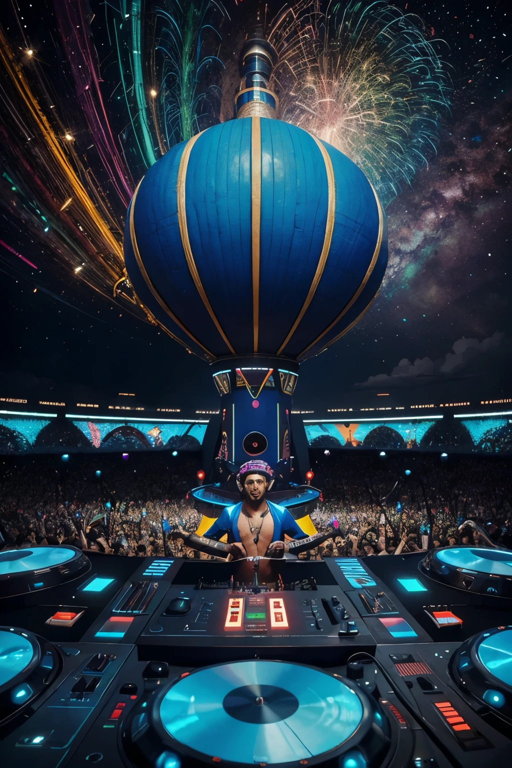 An electronic party with a DJ performing his show, and the crowd enjoying the party.
Subject: Electronic party with DJ
Medium: Digital painting
Style: Surrealistic
Artist: Salvador Dalí
Art sites: Deviant Art
Resolution: Highly detailed
Additional details: Surreal landscape, dreamlike elements, vibrant colors