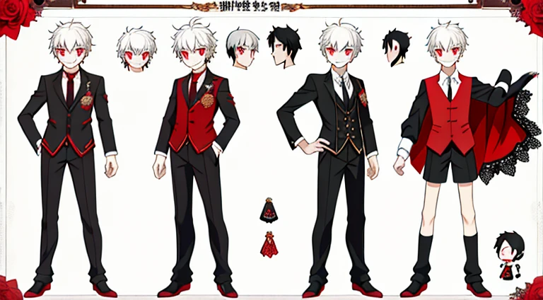 可爱男孩Reference table, short white hair, red eyes, smiling, Black European suit with shorts, red rose on chest, Detailed face, Detailed hair, concept art, character concept art, character sketch, Reference table, character table