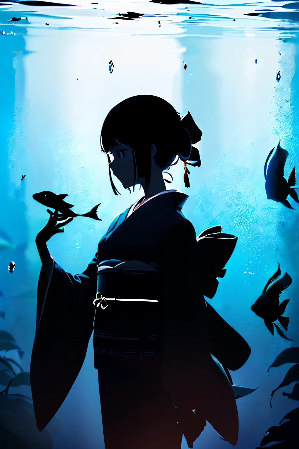 (silhouette art, cutting:1.6)
((( cutting art,A world where only black exists:1.3)
(cowboy shooting),1 girl,alone,
(kimono girl,contour:1.2),white, Face clear and beautiful,
rest
(Aquarium with blue fish swimming around)
Textured glass background,