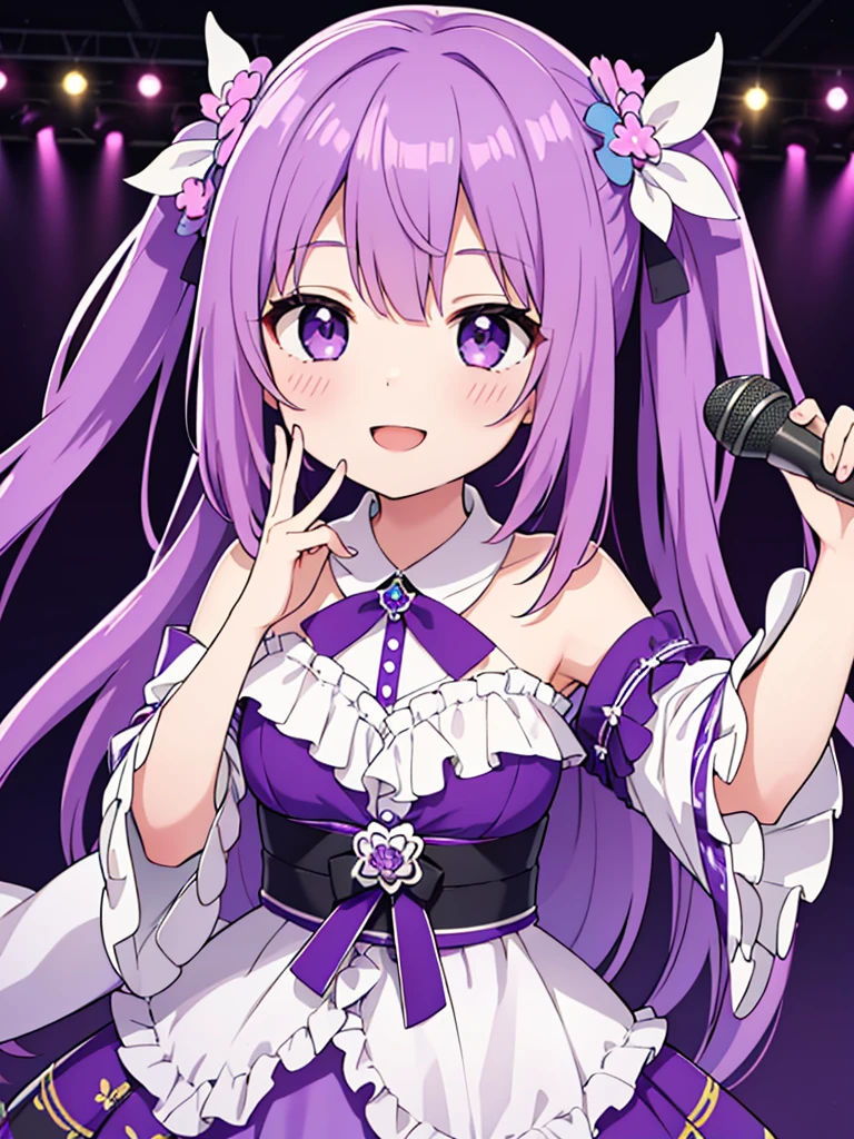 masterpiece, top-quality, 1girl in, shorth hair, , Purple hair、Purple eyes、Idol、cute purple dress、ハート型のkirakiraした目、a smile that charms you、Hold the microphone with both hands、kirakira.