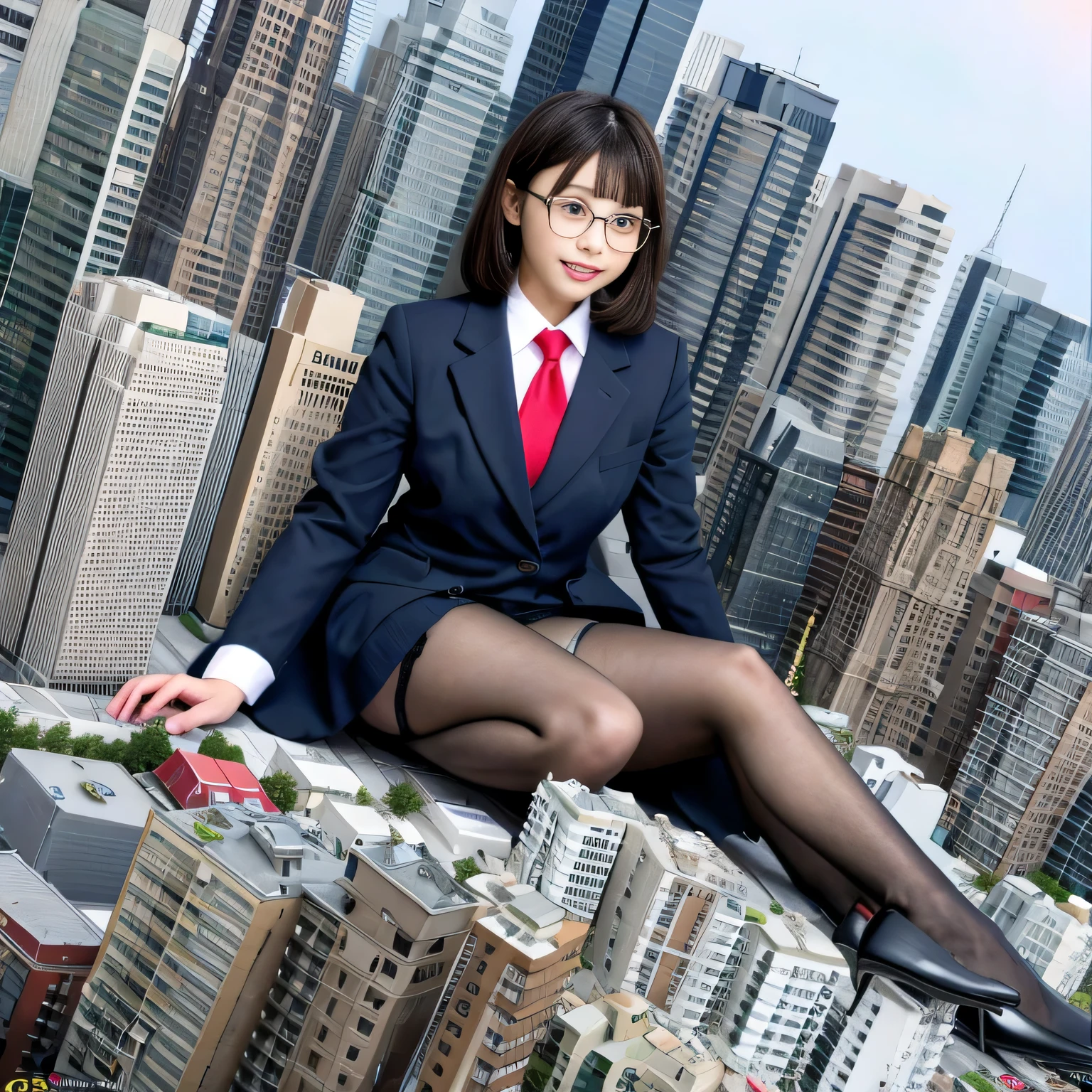 multiple girls, Giant art, surreal high school girl, 非常に詳細なgiantショット, giant, short-hair, a huge high school girl、&#39;It&#39;s much bigger than a skyscraper, wears rimless glasses, huge tit, Big ass, navy blue blazer, red tie, mini length skirt, black pantyhose, i don't wear shoes., miniature metropolis, i&#39;I am playing with capturing very small aircraft carriers and battleships.., ticker, giga Giant, Giant, crashed warship, small warship, micro warship,