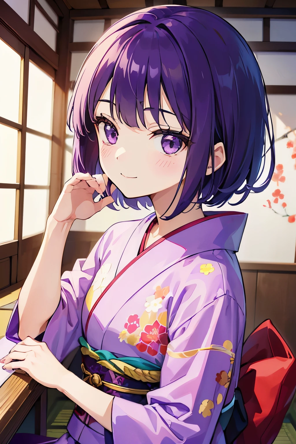 (tmasterpiece,4k wallpaper,best quality))、((girl with1a person))、(独奏)、Brilliant,(Purple hair)、shortcut、a smile、close up of face、kimono、traditional Japanese room、January、morning