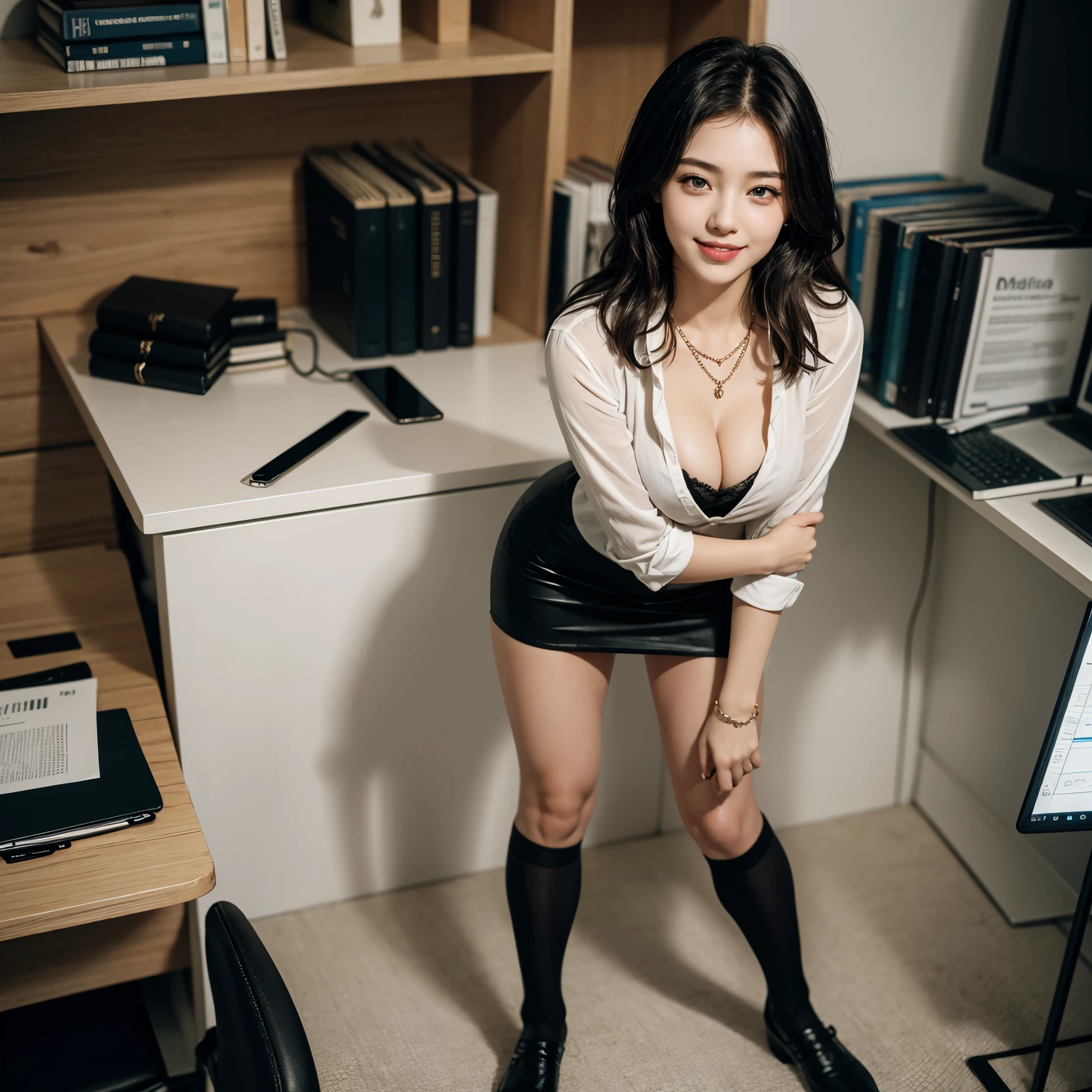 16k, Best Quality, (Beauty), High Definition, Realistic, RAW quality, Full Body , Cute Face, one 20 Year Old woman in the office, perfect Figure, medium Bust, Office Uniform and short tight skirt, Black Stockings, legs slightly open, seductive smile, cleavage, necklace