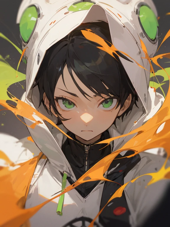 ((best quality)), ((masutepiece)),, Perfect face、Anime boy with black hair and green eyes staring at the camera、calm black hair、Has very little orange hair、Strong impression of boys、short black hair16age、Wearing a white and green futuristic hoodie